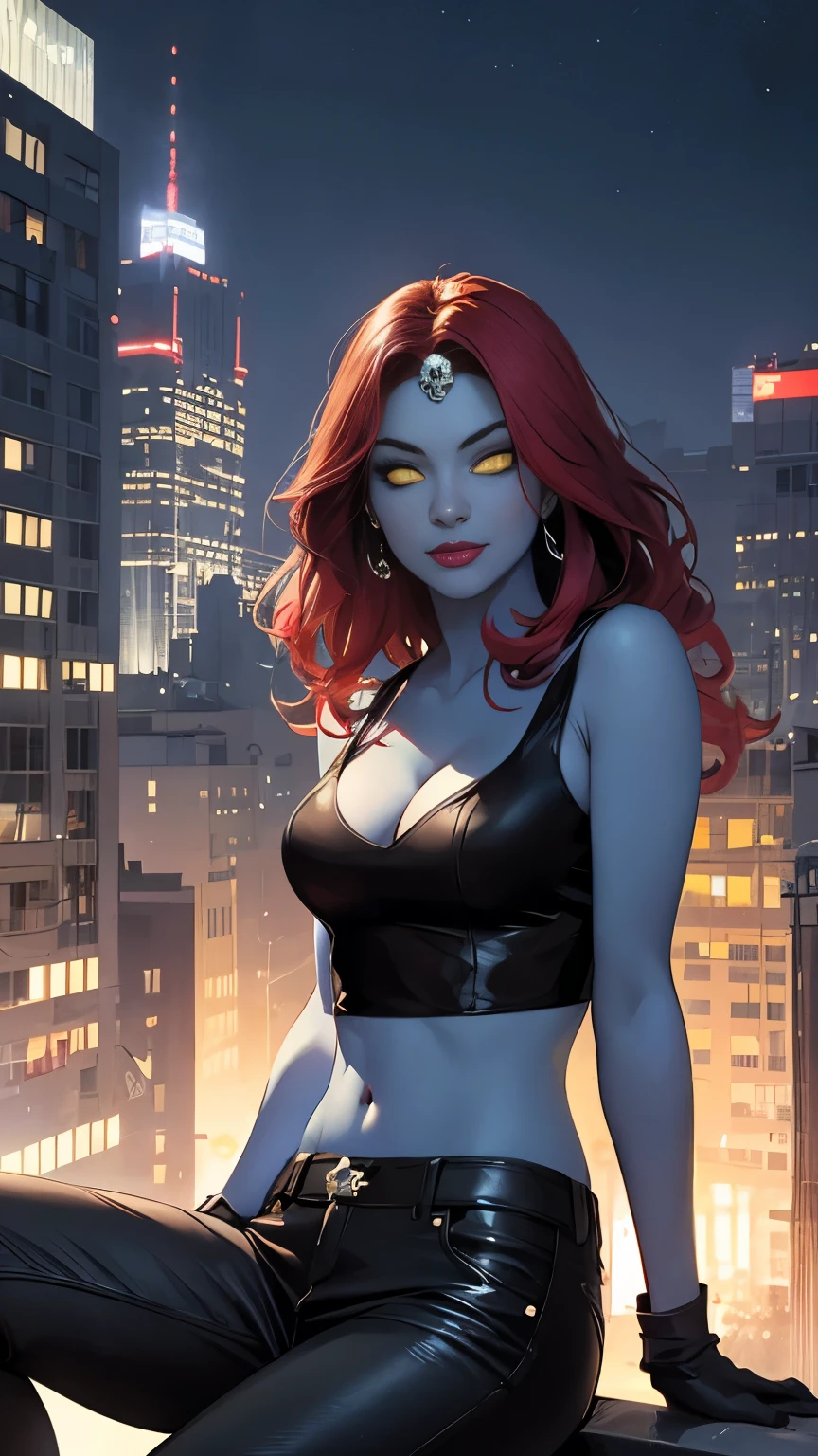 (Highly quality, masterpiece, detailed), night city detailed scenario, night city detailed background, 20 years old girl, solo, mystique, yellow sclera, blue skin, forehead jewel, cleavage, tank top, black shirt, bare shoulders, black gloves, midriff, black pants, evil smile, colored skin, sitting on top of a building, X-Men, no Pupils on eyes, navel, perfect face, beautiful eyes, perfect eyes, looking at the viewer, Sexy pose