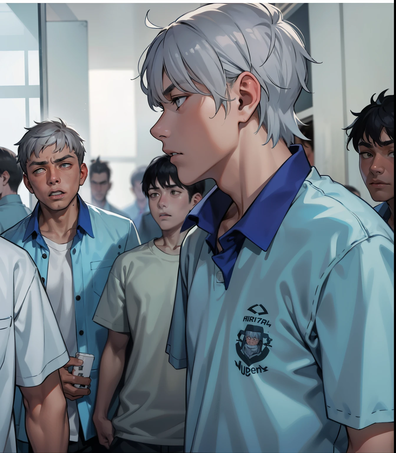 The young 17-year-old man with gray hair is sad and upset.