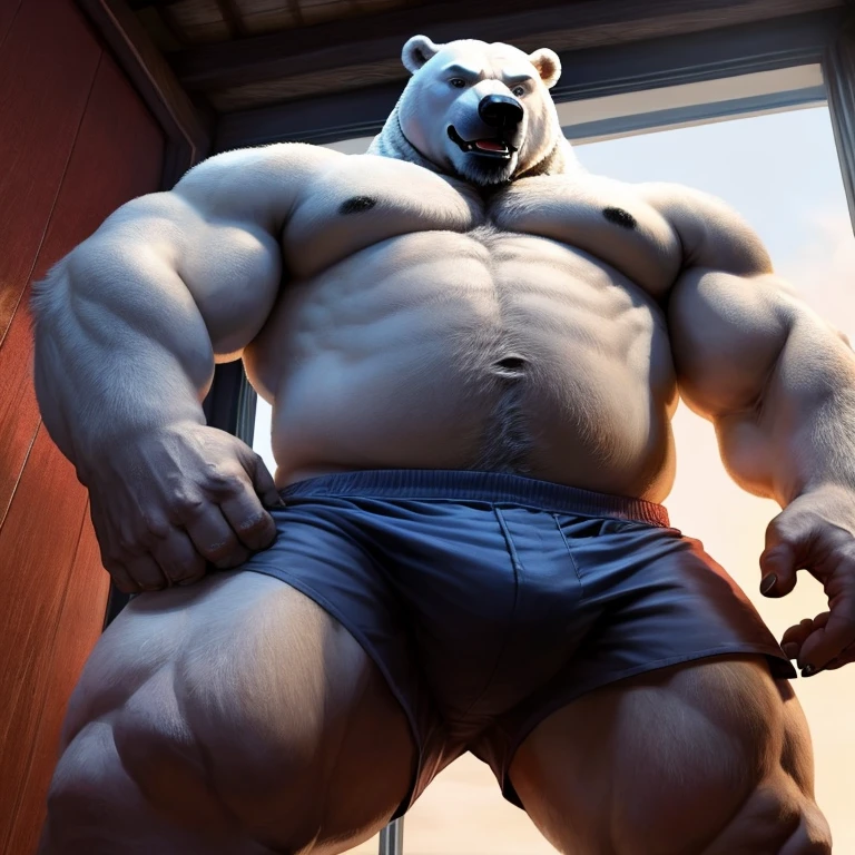 ((Polar Bear)), white teeth, ((standing)), saliva, (((white)) furred body)), ((dominant)), ((intimidating)), dilf, Daddy, father figure, mature male, hunk, pecs, ((crotch focus)), ((Antarctica)), ((very detailed background)), ((very detailed lighting)), ((very detailed hands)), ((well drawn hands)), ((very detailed crotch)), ((very detailed fur texture)), ((very detailed)), very high resolution, very high quality, big underwear bulge, white boxers, wet boxers, see through boxers