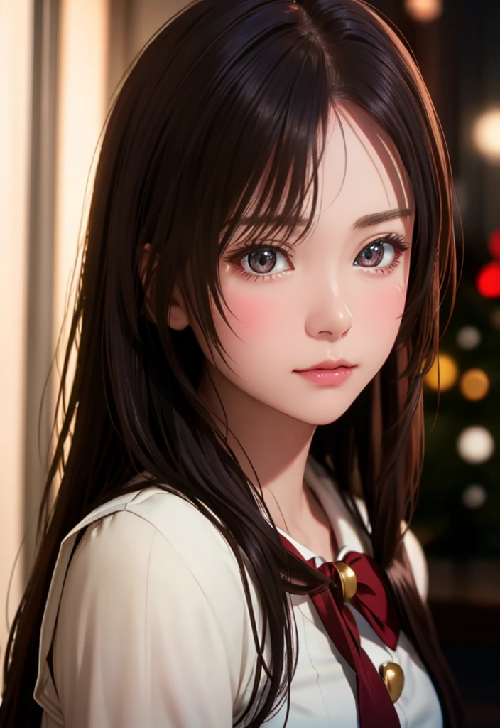 8k, highest quality, Tabletop:1.2), (Realistic, Photorealistic:1.37), highest quality, Tabletop, Beautiful young woman, Pensive expression,、attractive、そしてattractive表情, Cute Santa outfit, Tie your hair back, Movie Background, Light skin tone
