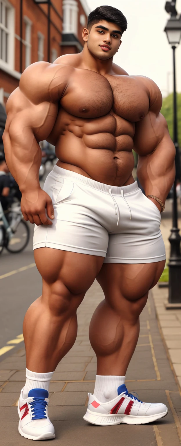 4 meter tall slightly overweight indian men. 20 years old. Young fresh face. In london with friend. Height and Size difference. Very sexy Posing for camera. Muscular. Wearing cargo shorts, socks and sneakers. Slight belly fat. Big ass. Very very very long legs. Tattoo on legs. Taller. Zero body hair.