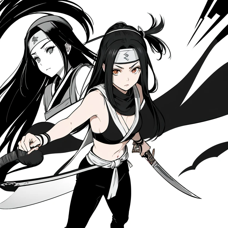 A shinobi with long black hair(hairdown), brown eyes, with a black sign headband on her forehead. holding a kunai knife.