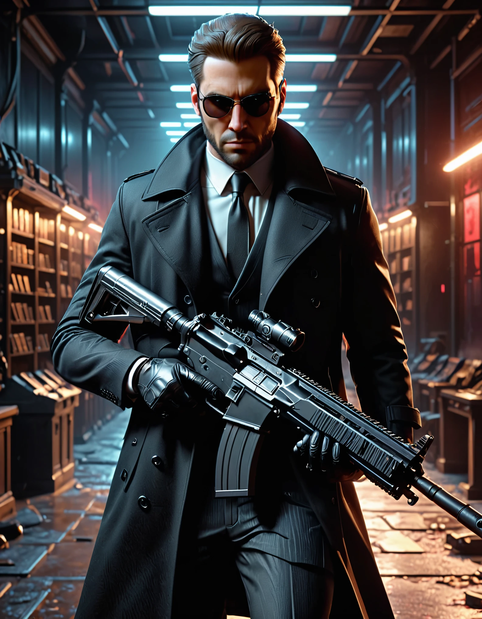 there is a man in a suit and tie holding an assault rifle, neo - noir style, 3 d render character art 8 k, (albert wesker:0.4) full body portrait, neo noir style, concept art like ernest khalimov, cinematic full character, male character, highly detailed character, full body shot hyperdetailed, (arnold maya render:0.4), he is wearing a black trenchcoat, solo, single, rim glasses, long black trenchcoat, black suit and tie, black shirt, dress shoes, formal, stoic. weapons room backdrop, shelves behind him, which are two assault rifles on each shelf.