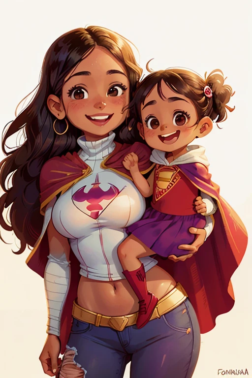 30 year old woman, morena, cuerpo completo, sonriente, llena de vida, charismatic, with a superhero cape, cara iluminada muy sonriente, with her young daughter, fondo blanco.