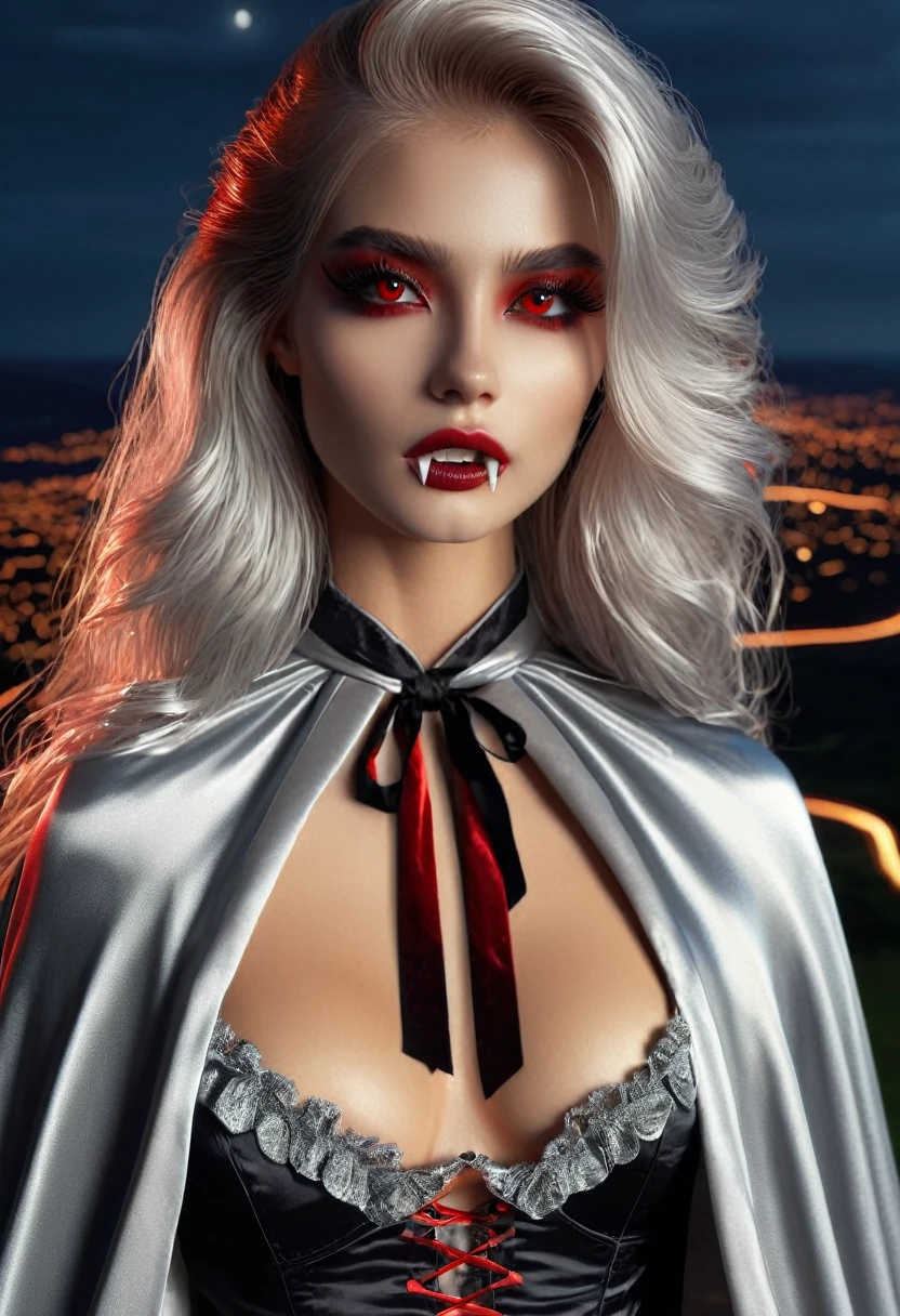 Vampyfangs(RAW Photo) , (highly detailed:1.20) , ultra realistic :1.10) ,sexy girl in her 20s , (perfect face:1.20) , (detailed red eyes:1.20) , with long silver hair in ponytail , (((long silver satin cape tied at the neck with a ribbon :1.20))) , naked  , full body, standing on windy hilltop at night , full moon , high-quality ultra realistic style, detailed eyes, professional, expressive , 8K , highly detailed , professional,