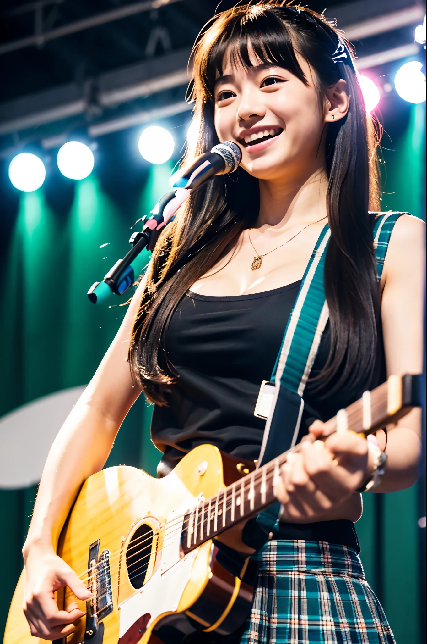 アイドルのようにvery cute、Cute and adorable、歳のYoung faceのhigh school student少女, Young face、very cute、Smiling Kindly、Live at the high school cultural festival、High School Uniform、Cleavageが見える、High はCleavageが見えるデザイン、Cleavage、Singing on the gymnasium stage、In front of the students、Full body portrait、 Natural light、Accurate、Anatomically correct、Textured skin、Super Detail、 Attention to detail、highest quality、High resolution、Real、realism、Raw photo、Genuine、masterpiece、Guitar Heroine、high school student、Live at the gym