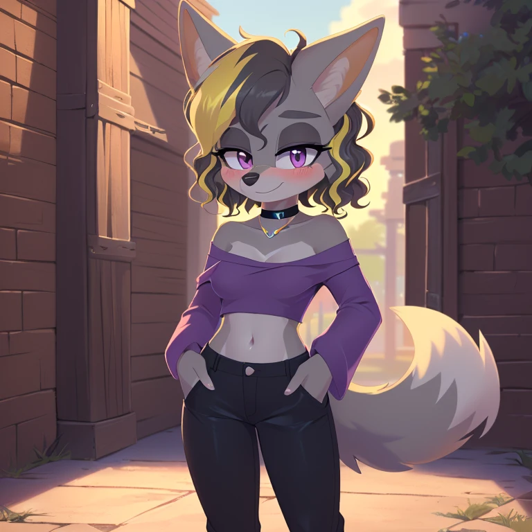 best quality, ultra-detailed, cinematic lighting, beautiful lighting, ((Masterpiece)), hi res, detailed, detailed background, vibrant lighting, high quality, cartoon style, 2d, (Mobian:1.1), solo, (((1girl))), (((female))), (((grey jackal))), grey body fur, ((grey medium wavy hair, yellow highlights:1.3)), tail, (((grey tail))), pink eyes, lean body, ((adult)), (((jewelry, shirt, outdoors, pants, crop top, hand in pocket, blush, no sleeves, collarbone, black pants, necklace, cowboy shot, off-shoulder shirt, black choker, off shoulder, purple shirt))), looks at viewers, bright blush, cute smile, soft, standing