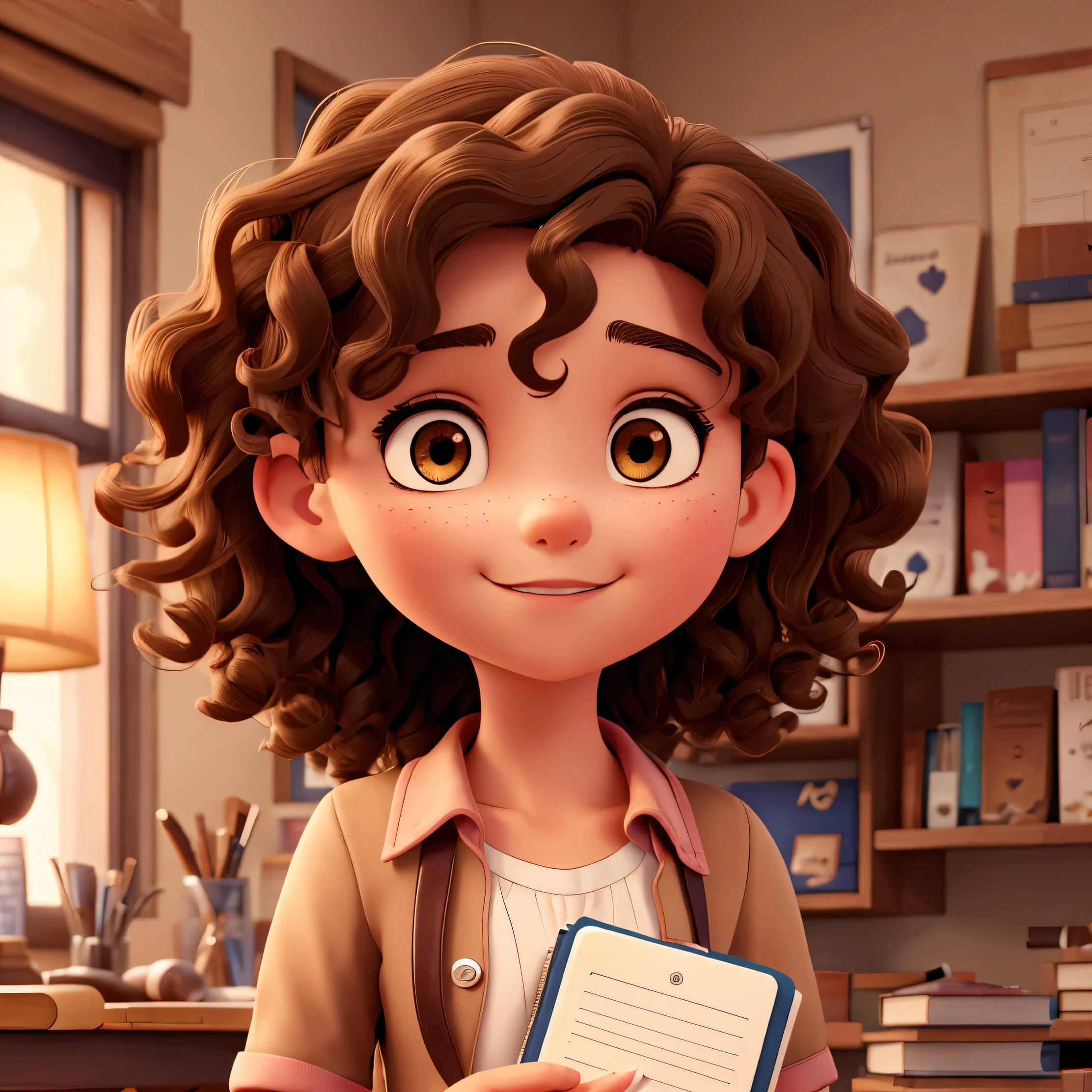 Book cover with a young nurse with curls, light brown eyes and hearts in the background a notebook in the background, y maquillaje de fondo