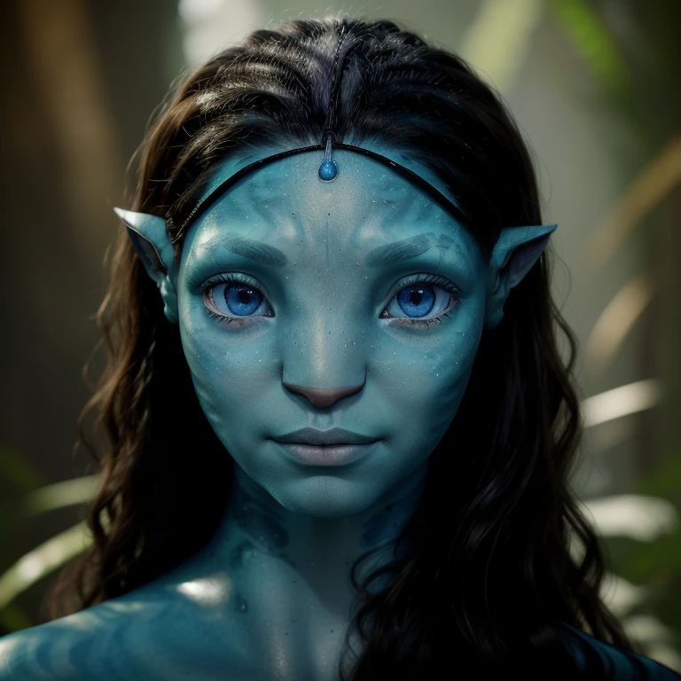 avtr:1.1, avatar style, portrait:1.6, 1girl, female, (AvTsireya), (blue skin tone:1.0), (long curly hair:1.0), black hair color, blue eyes, (young adult), 18 years old:1, face wrinkles, wearing tribal clothing, detailed eyes, toned body, muscled body, vibrant colors, glowing, ethereal atmosphere, surrealistic dreamy lighting, textured skin, otherworldly beauty, mesmerizing photography, (best quality, highres), vivid colors, ultrarealistic, skin details, striped skin, sfw, face close-up:0.5, ultradetailed body