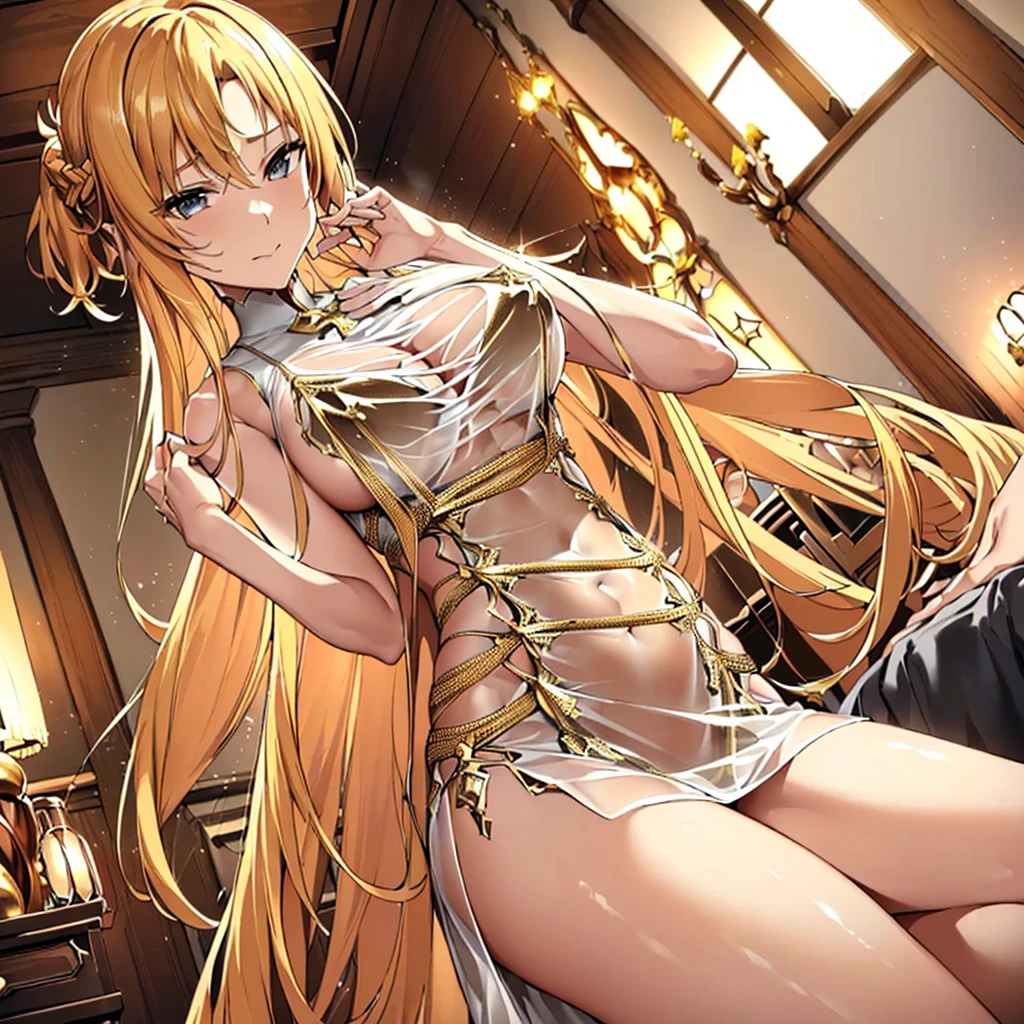 ((highest quality)), ((masterpiece)), (detailed), Perfect Face、(Yuuki Asuna)、(The woman has bright blonde hair)、((女はBedroomの鏡の前で口紅を塗る))、((The man is satisfied with the sight of the woman))、((The woman is wearing a flashy, shiny, gold, see-through dress with a long slit.))、(Gold racy bra and panties)、The man is dressed luxuriously、((The man has a strong body and a big dick and balls))、(The woman looks happy)、The man looks satisfied、Bedroom