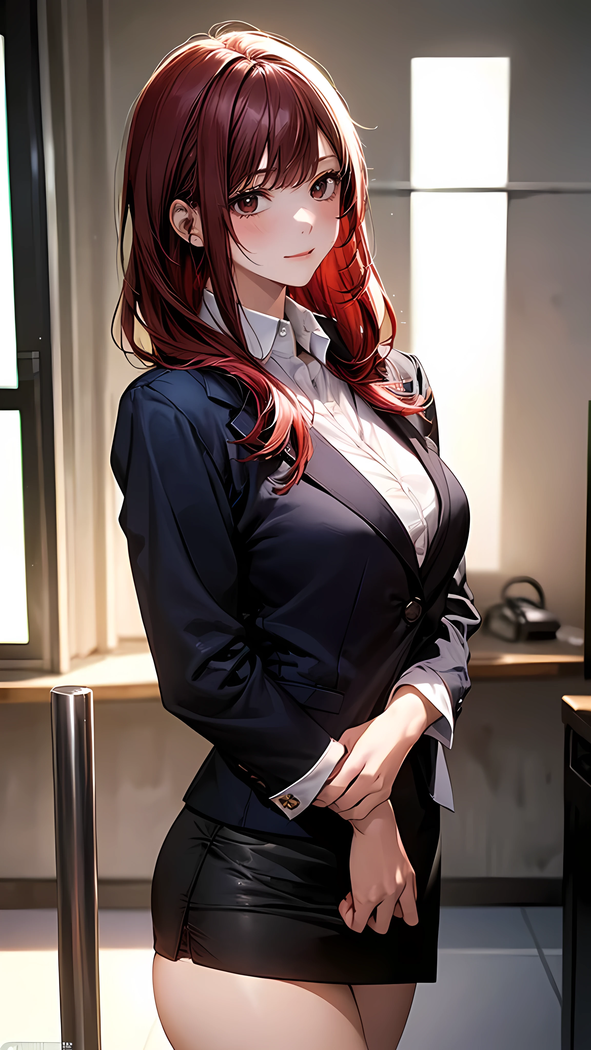 (masterpiece:1.2, Top quality), (Practical, photoPractical:1.4), Nice illustration, (Natural side light, Movie Lighting),
Looking at the audience, 1 girl, Perfect face, Perfect body, White underwear shirt,Black Blazer,Black hip skirt,Perfect thighs,Sexy body,Show your thighs,Wearing hair,Red Hair,Big breasts,Background in the office