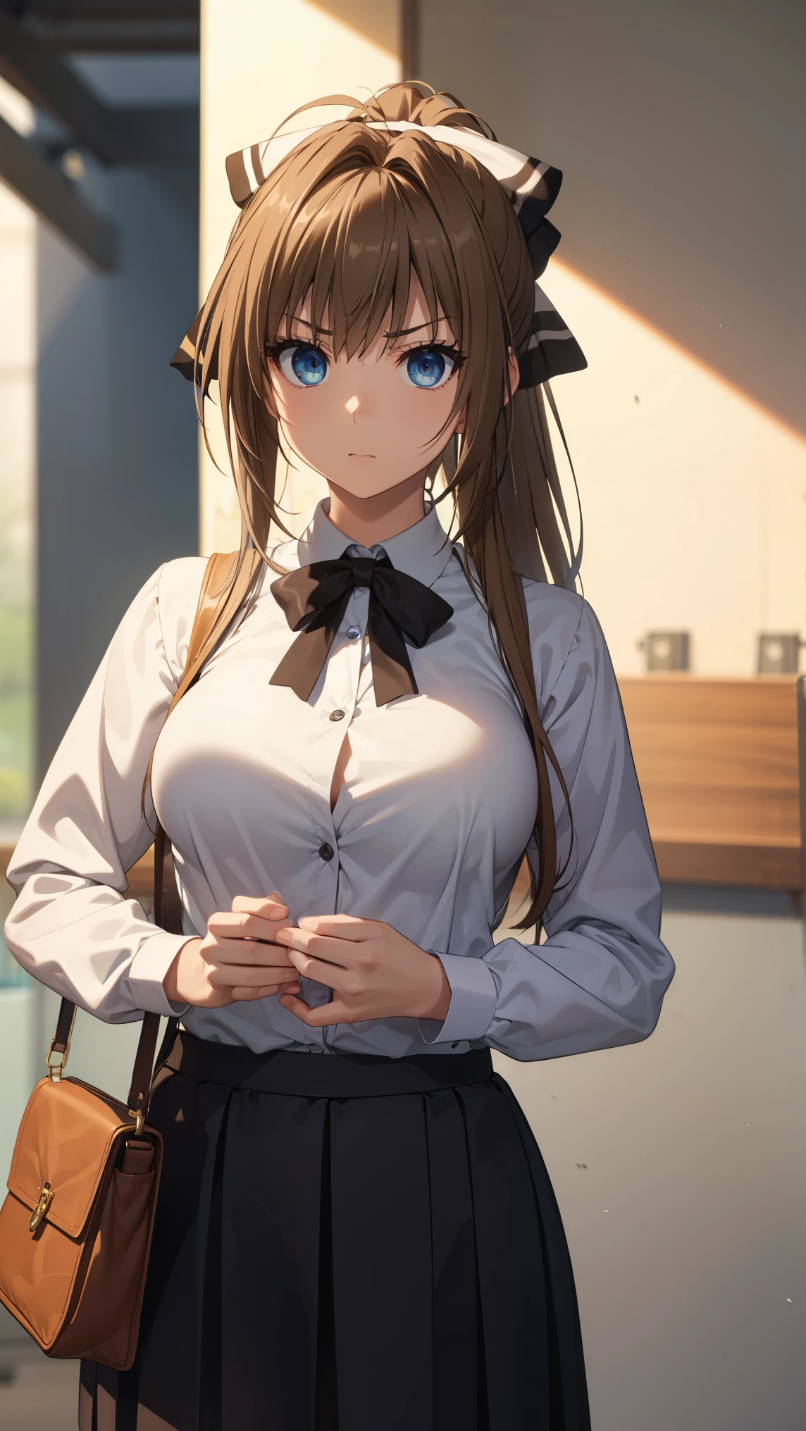 SentoIsuzu,brown hair, brown eyes, long hair, antenna hair, ponytail, hair bow,large breast,
BREAK (casual clothes, (skirt),long sleeves,closed clothes:1.2),
BREAK angry looking face、Shyness、up chest、solo,、breastsout(camel's toe)、highleg,
BREAK (masterpiece:1.2), best quality, high resolution, unity 8k wallpaper, (illustration:0.8), (beautiful detailed eyes:1.6), extremely detailed face, perfect lighting, extremely detailed CG, (perfect hands, perfect anatomy),