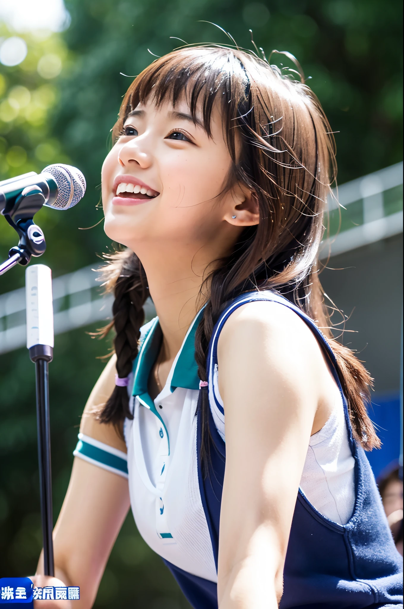 アイドルのようにvery cute、Cute and adorable、16歳のYoung faceのhigh school student少女, Young face、very cute、Smiling Kindly、Live at the high school cultural festival、High School Uniform、Cleavageがはっきり見える、High はCleavageが見えるデザイン、Cleavage、Singing on the gymnasium stage、In front of the students、Full body portrait、 Natural light、Accurate、Anatomically correct、Textured skin、Super Detail、 Attention to detail、highest quality、High resolution、Real、realism、Raw photo、Genuine、masterpiece、Guitar Heroine、high school student、Live at the gym