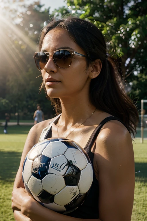 stray dog holding a soccer ball in a beautiful sunlit park with several people around, sunglasses, forehead jewel, cinematic lighting, god rays, Fujicolor, silhouette, vignetting, UHD, retina, super detail, high details, high quality, highres, 8k