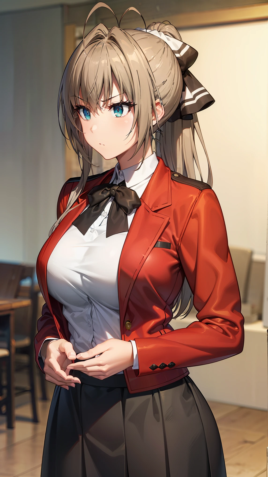 SentoIsuzu,brown hair, brown eyes, long hair, antenna hair, ponytail, hair bow,large breast,
BREAK (casual clothes, (skirt),long sleeves,closed clothes:1.2),
BREAK angry looking face、Shyness、up chest、solo,、breastsout(camel's toe)、highleg,
BREAK (masterpiece:1.2), best quality, high resolution, unity 8k wallpaper, (illustration:0.8), (beautiful detailed eyes:1.6), extremely detailed face, perfect lighting, extremely detailed CG, (perfect hands, perfect anatomy),