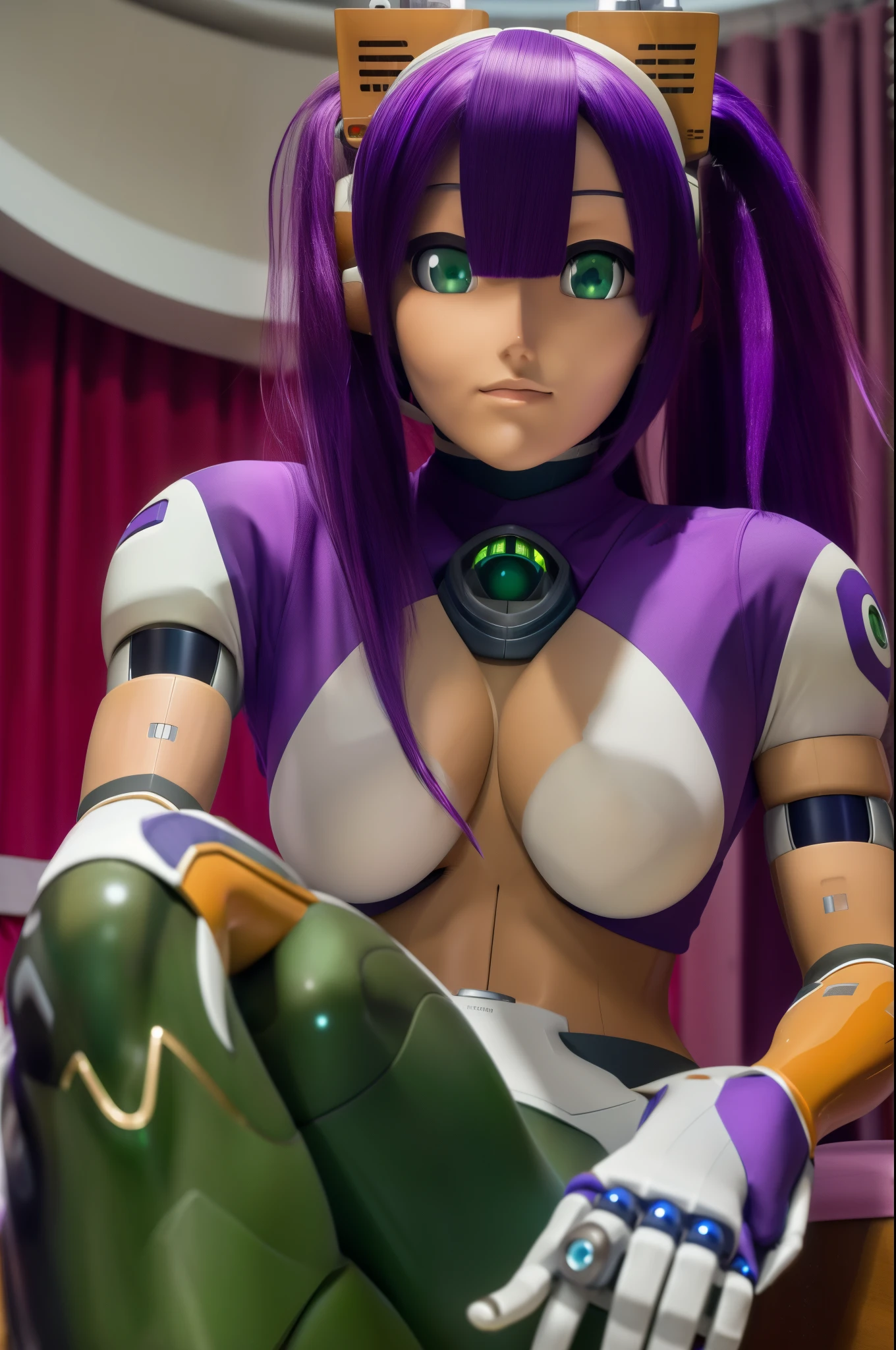 ultra detailed of a woman cyborg, 1girl, (natural skin texture, realistic eye details:1.2) layer_mega manx, alone, breasts, underboob, green eyes, purple hair, Android, long hair, bangs over eyes, robot ears, artwork, tan skin, high quality, hypnotized, spiral eyes, blank stare, in the bedroom, sitting