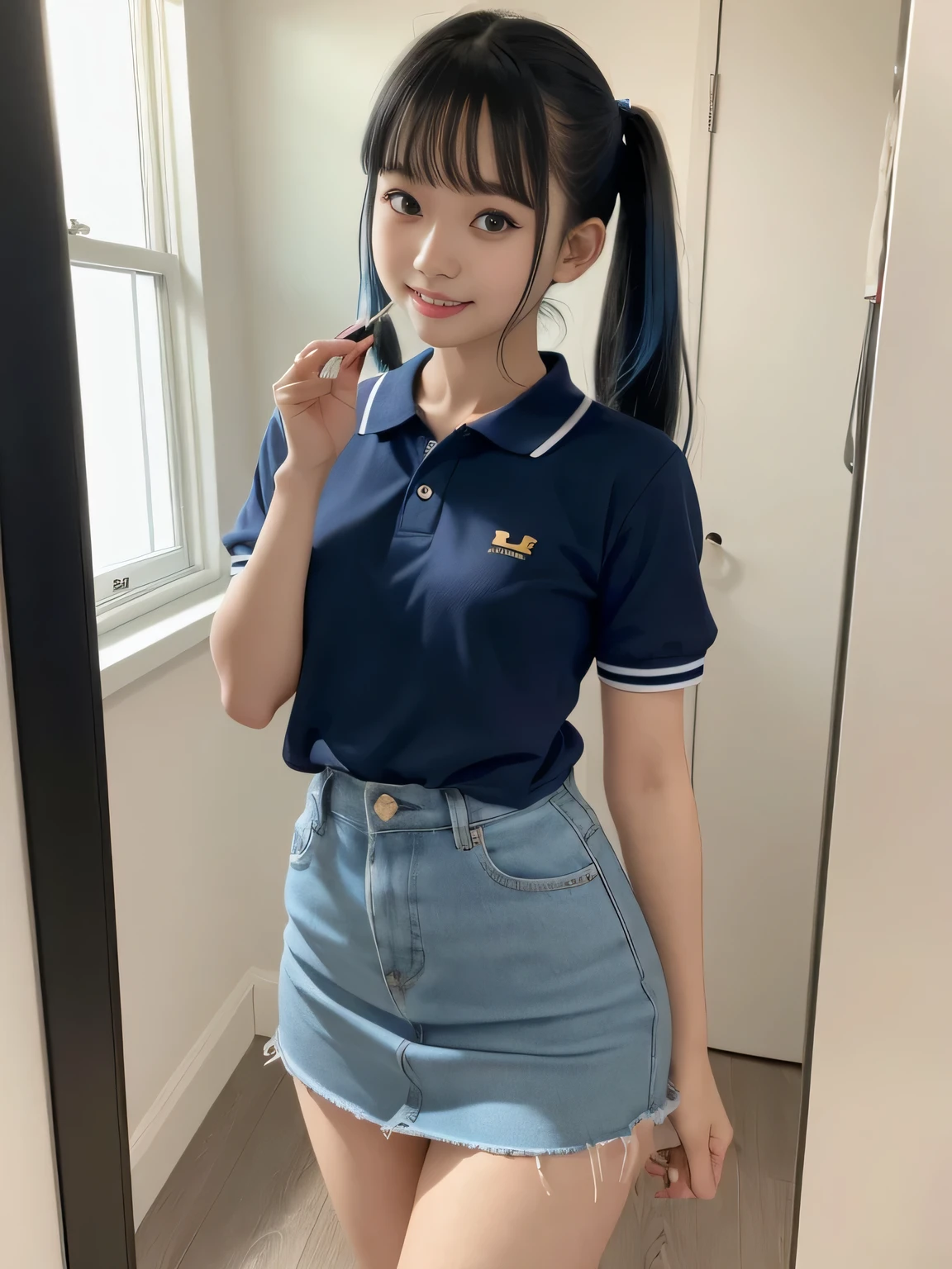 one person、one person、 Yellow polo shirt and navy blue mini skirt、Putting on lipstick in front of the mirror、cute、17-year-old high school girl、victory、Tsundere、smile、Saucy、Blue Hair、Twin tails、small、Slim girl model photo、body:Female Model、Japanese female fashion model、(8K、Raw photo、Best image quality、masterpiece:1.2)、(Genuine、photoGenuineistic:1.37)、Ultra-high resolution、Ultra-high resolution、Standing position、whole body、((((sexy)))、In town、Shapely small breasts