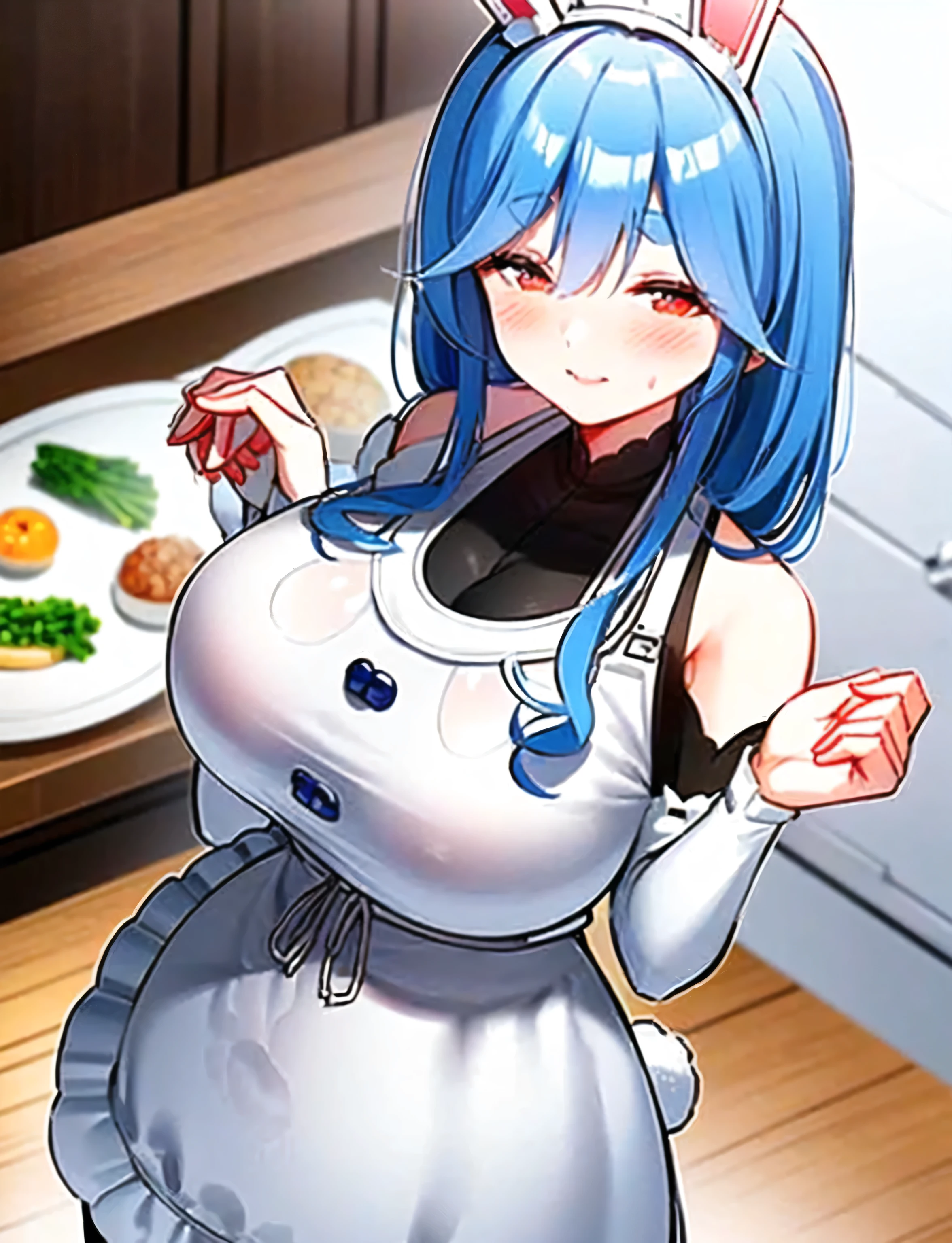 Anime character wearing a maid outfit and holding a plate of food, cooking, biomechanical tits, cooking it up, , tits, thick, In the kitchen, Anime Food, , Ahegao, In the kitchen, Kantai Collection Style, On pixiv, Animated maid riding an early tank, have large breasts, Hestia