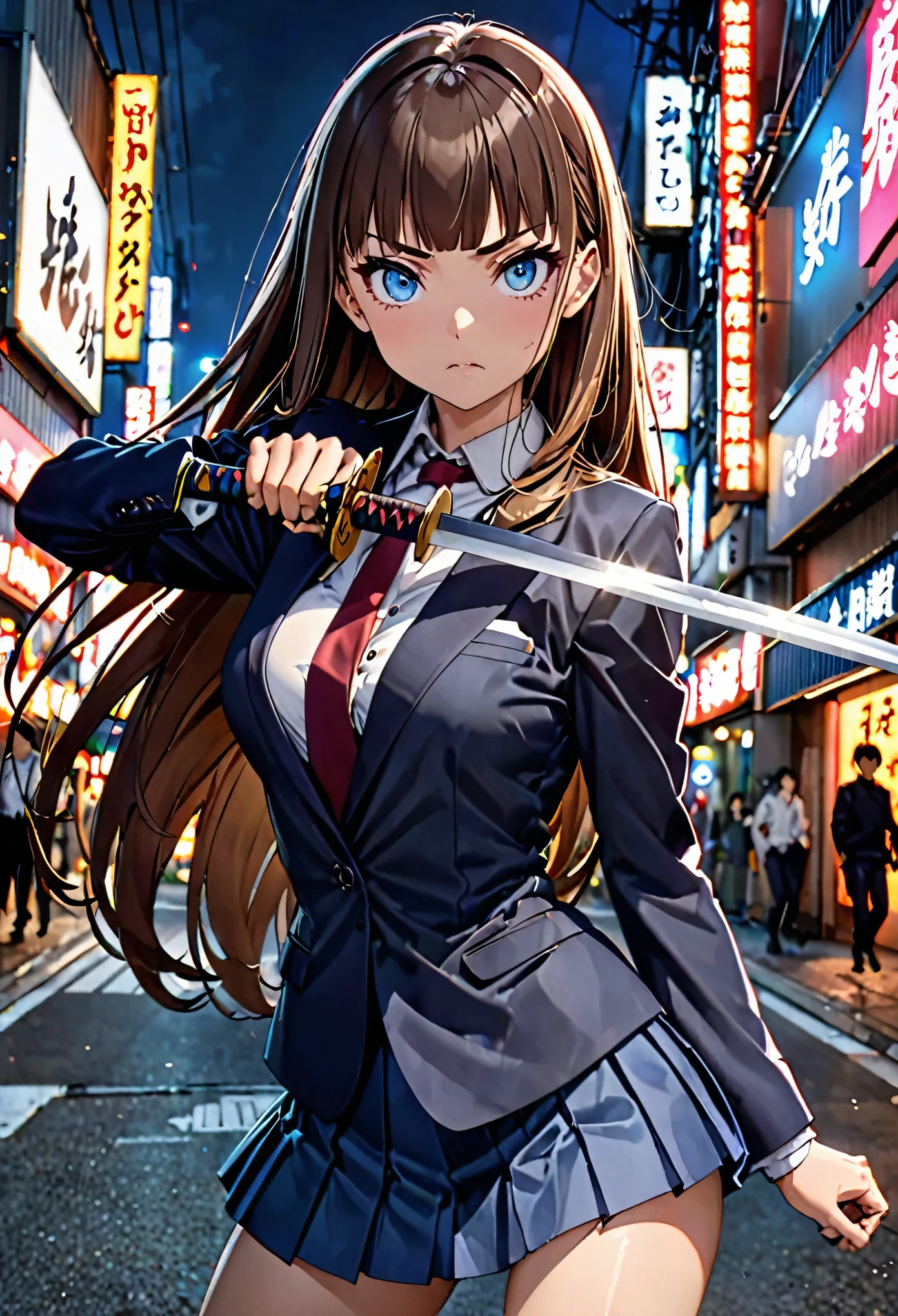 Action Scenes、Dynamic composition、(high quality anime, 8k,masterpiece,Perfect Anatomy),cowboy shot,1 female,(beautiful detailed face and eyes,big gorgeous eye),blue eyes,Serious expression、The perfect 20 years old, Japanese、Female Swordsman、Brown Hair、Straight hair,long hair,blunt bangs,medium breasts,small face:1.5,slender body,skinny,、Dark blue blazer jacket、white formal shirt、Red tie、Navy blue pleated mini skirt、Holding a Japanese sword in his right hand、Gripping the hilt of the sword、Fight with a sword、Action pose、on street,Shibuya、Tokyo、Outdoor、at night、Neon lights、