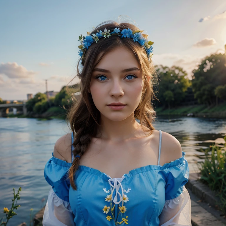 20-year-old woman in Ukrainian costume with flower crown on head and blue eyes. River and blue sky in the background. Light afternoon sunset. Realistic illustration