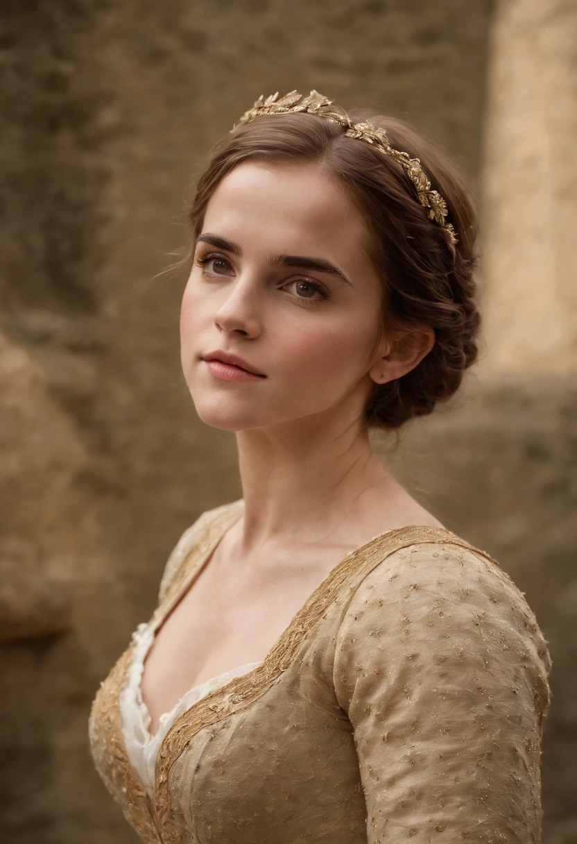 Emma Watson, Delgado y elegante, Beautiful, Luz de velas en un entorno medieval, Big Breasts, Ultra Sharp Focus, Toma realista, Ropa femenina medieval, Tetradic colors (cicatriz:1.4)