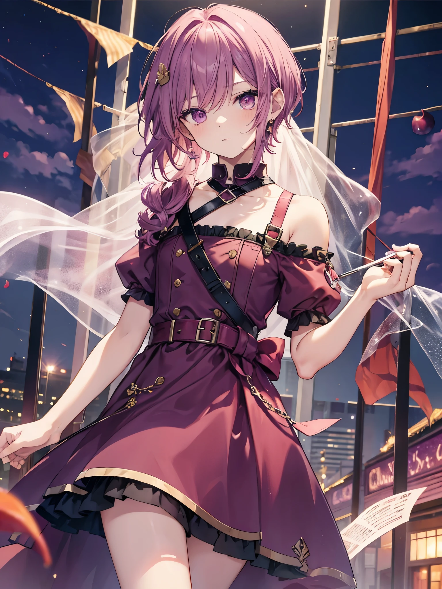 1boy, ((plum color hair)), ((taffy color eyes)), idol costume, dress, barracks, Armed shoulder strap