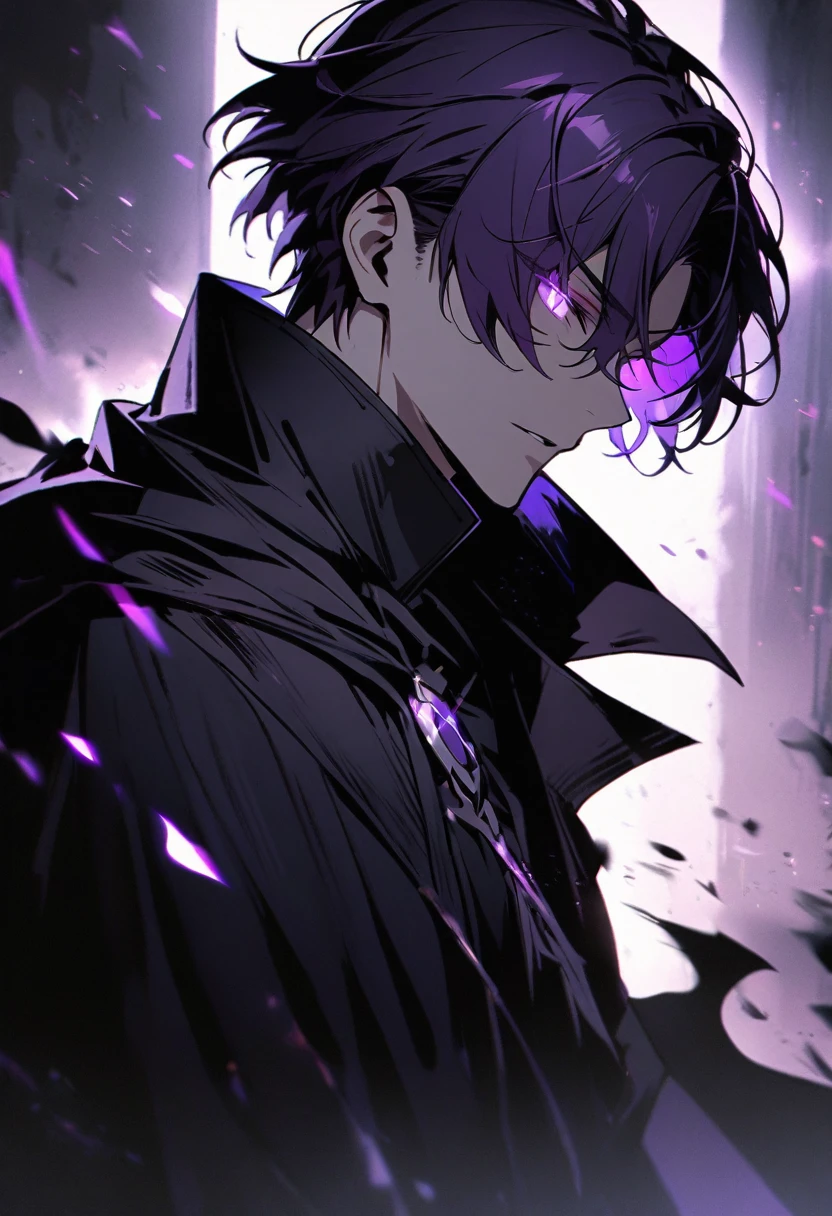 Handsome, solo, 1 male, short hair, dark purple hair, purple eyes, black shirt, black cloak, darkness, glowing eyes