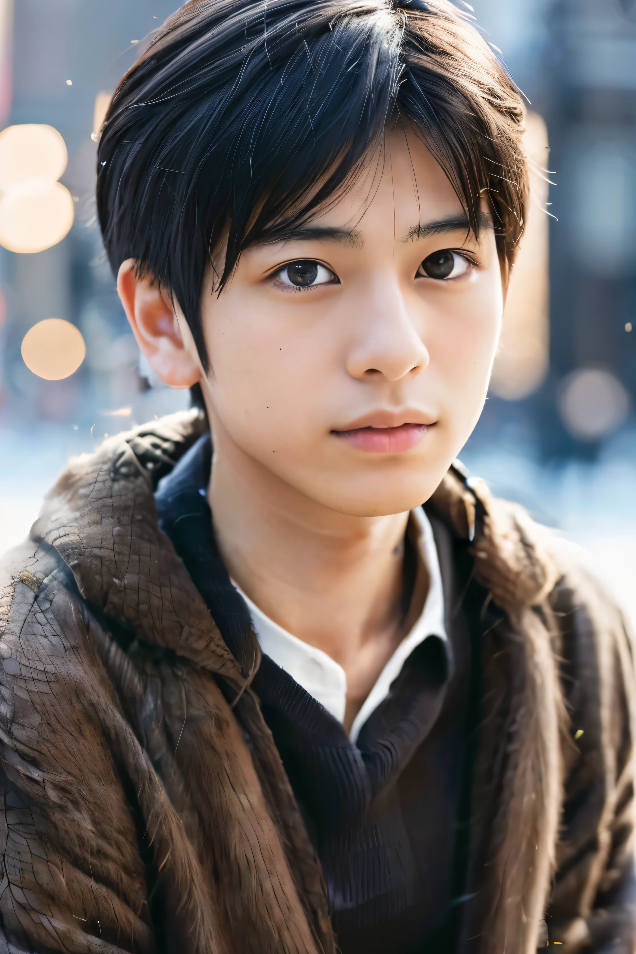 ((A young Japanese man&#39;s hair is neatly parted in the middle in a suit.Smile.maintain eye contact.man wearing white shirt.Gray alpaca coat))Photorealistic, 8K full body image, A handsome, A 25-year-old man, Charming expression, Detailed facial details, , The background is Shibuya