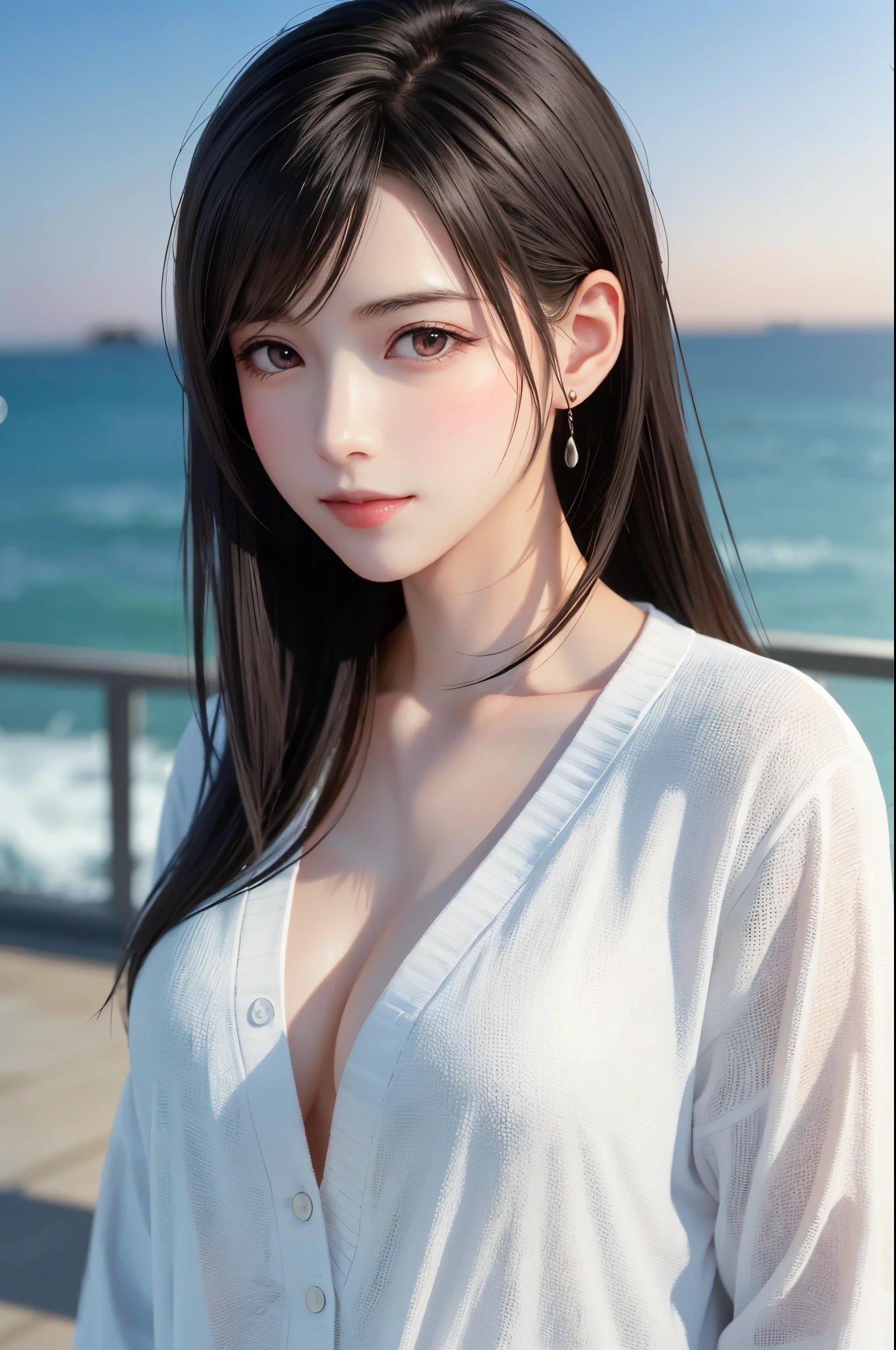 {Top Quality, Masterpiece}, (Realistic: 1.3), Wallpapers, ultra high res, ultra high quality,  BREAK {{{FF7,Tifa_lockhart, solo}}},{Ultra-detailed face, Detailed Red eyes},(black Brown Hair, Large breasts: 1.0),(Imaginative Macanese Female Page, background is Unique seaside, at Sunrise),  BREAK {wearing oversized loose sweater, Exquisite cloth, white Clothes}, clothed, (No Bra) ,(shiny oiled skin: 1.1), about 18 years old, BREAK  {smile, kawaii},{{model pose}}