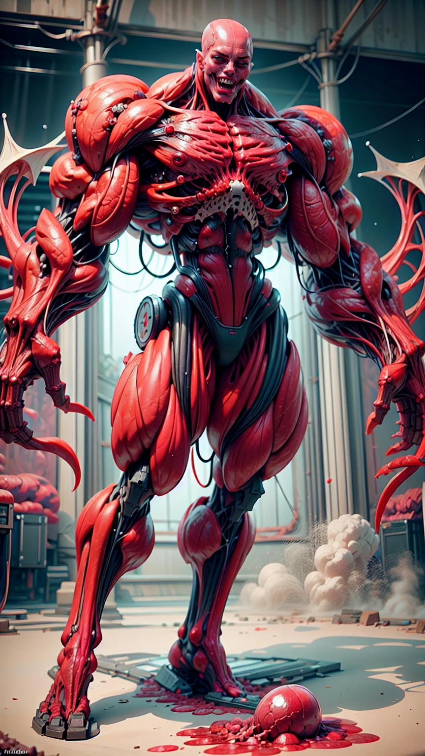 Character description: (1 girl), (cara delevingne:1.25), (beautiful girl face:1.25), (muscular succubus demoness), (carnage skinless physique:1.25), (huge gigantic wings & horns:1.25), (undead skinless succubus:1.25), (covered in red necrotic rotting skinless muscle:1.25), (exposed muscular anatomy:1.25), (large demonic claws:1.25). Character pose: Standing with legs closed, Arms spread apart, Wings spread out, (Whole body pose), Front View. Character expression: psychotic laughter, sharp teeth, beautiful cute girl face, red eyes, scary and horrific. Scene description: anatomic tech world morph, hellish landscape, Hellraiser like atmosphere. Scene Quality: (8k, RAW photo, photorealistic:1.25).