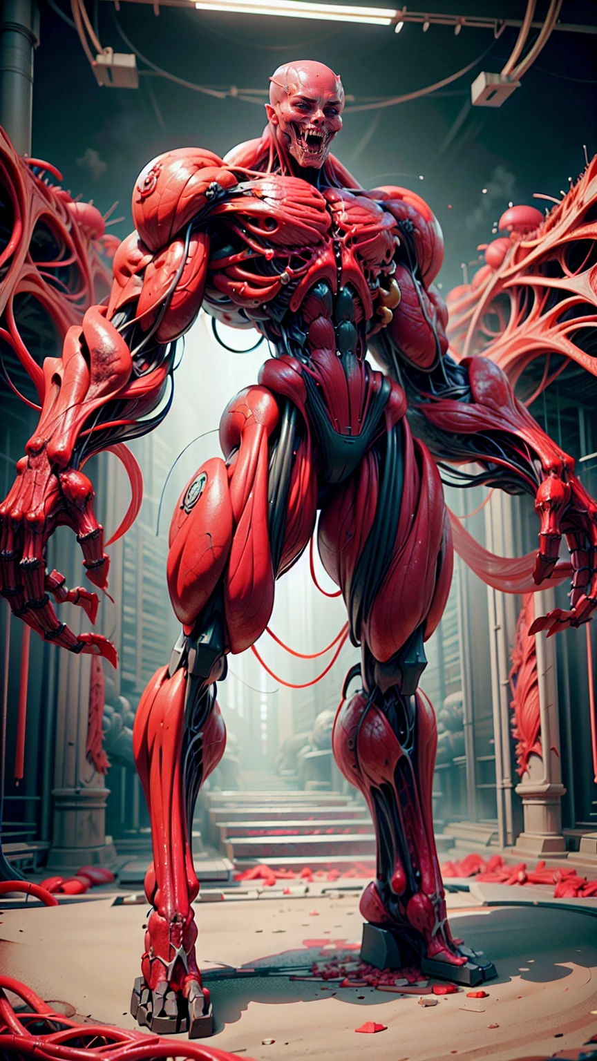 Character description: (1 girl), (cara delevingne:1.25), (beautiful girl face:1.25), (muscular succubus demoness), (carnage skinless physique:1.25), (huge gigantic wings & horns:1.25), (undead skinless succubus:1.25), (covered in red necrotic rotting skinless muscle:1.25), (exposed muscular anatomy:1.25), (large demonic claws:1.25). Character pose: Standing with legs closed, Arms spread apart, Wings spread out, (Whole body pose), Front View. Character expression: psychotic laughter, sharp teeth, beautiful cute girl face, red eyes, scary and horrific. Scene description: anatomic tech world morph, hellish landscape, Hellraiser like atmosphere. Scene Quality: (8k, RAW photo, photorealistic:1.25).