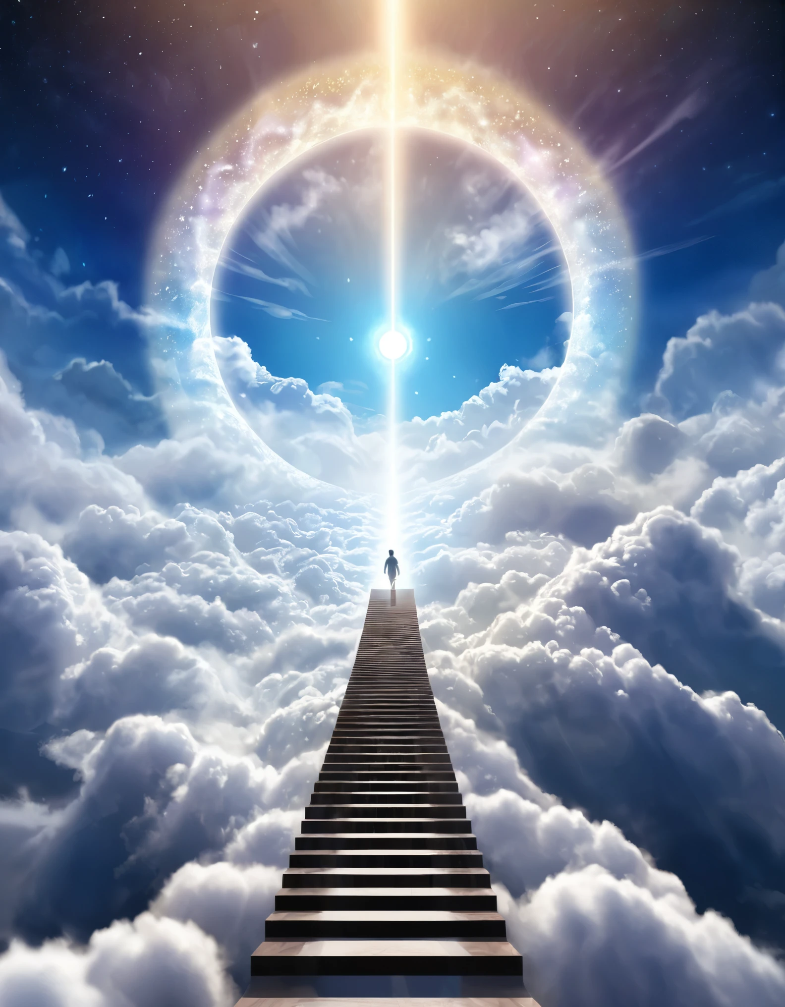 Digital illustration of a figure ascending a staircase of clouds towards a glowing celestial portal, representing the journey to higher realms on Ascension Day,Xill