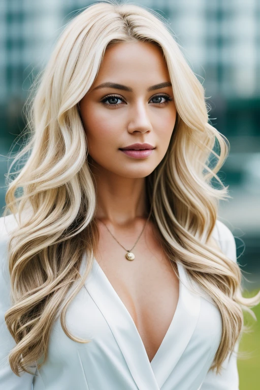 1 women in, age 35, Solo, Long wavy hair, long messy windy blonde hair, sexy looking at camera, o-face, blonde hair, jewelry, Full body, (extremely detailed 8k wallpaper), soft lighting, high quality, business woman with magazine with the same girl picture on it, oFujifilm XT3 sharp focus, f 5.6, 50mm, High Detail, Sharp focus,(natural light), (seductive), revealing, Realistic, wearing white shirt and suit pants