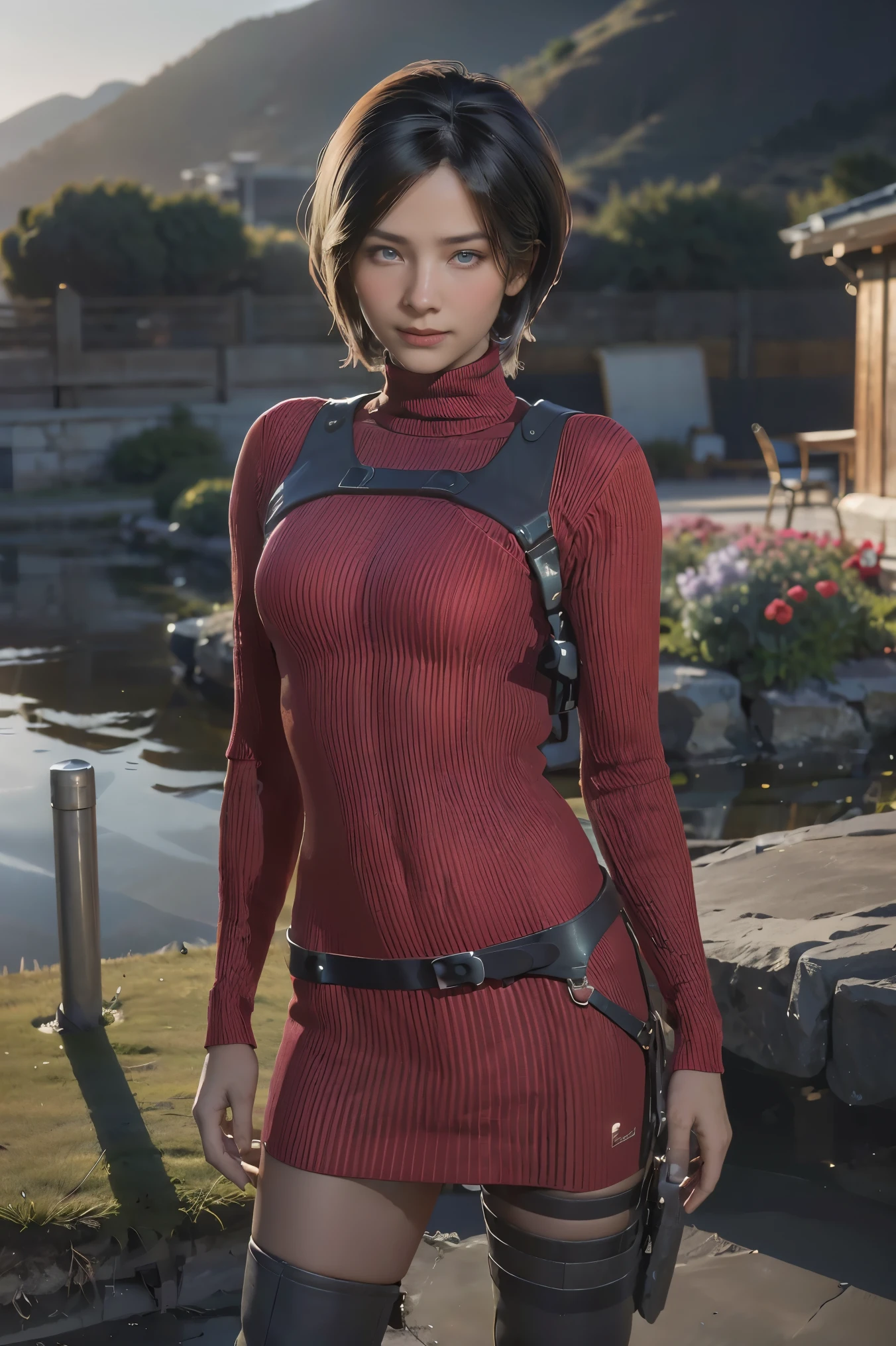 Ada_re4, (standing:1.4),(beautiful face:1.5), 1girl,black hair, short hair, red sweater, belt, black thigh boots, ((upper body)),(realistic:1.7),((best quality)),absurdres,(ultra high res),(photorealistic:1.6),photorealistic,octane render,(hyperrealistic:1.2), (photorealistic face:1.2), (8k), (4k), (Masterpiece),(realistic skin texture), (illustration, cinematic lighting,wallpaper),( beautiful eyes:1.2),((((perfect face)))),(cute),(standing),((looking at viewer)),(dynamic pose:1.3), outdoors, houses, flowers paths, mountains, lake, dock,