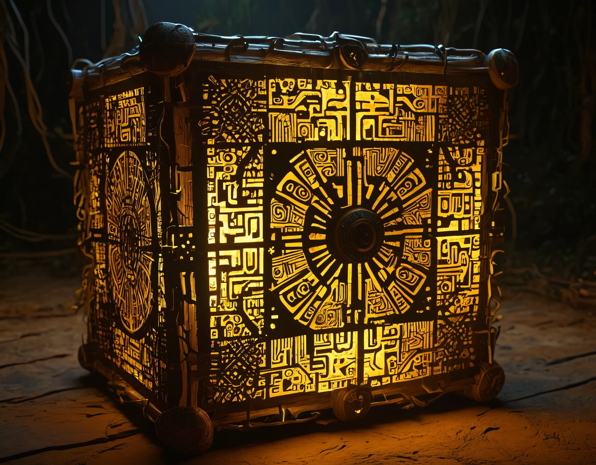 Explore the rustic charm of a primitive computing artifact adorned with illuminated glyphs, echoes of an ancient artificial intelligence, captured in stunning 32k by Octane Render. fractal