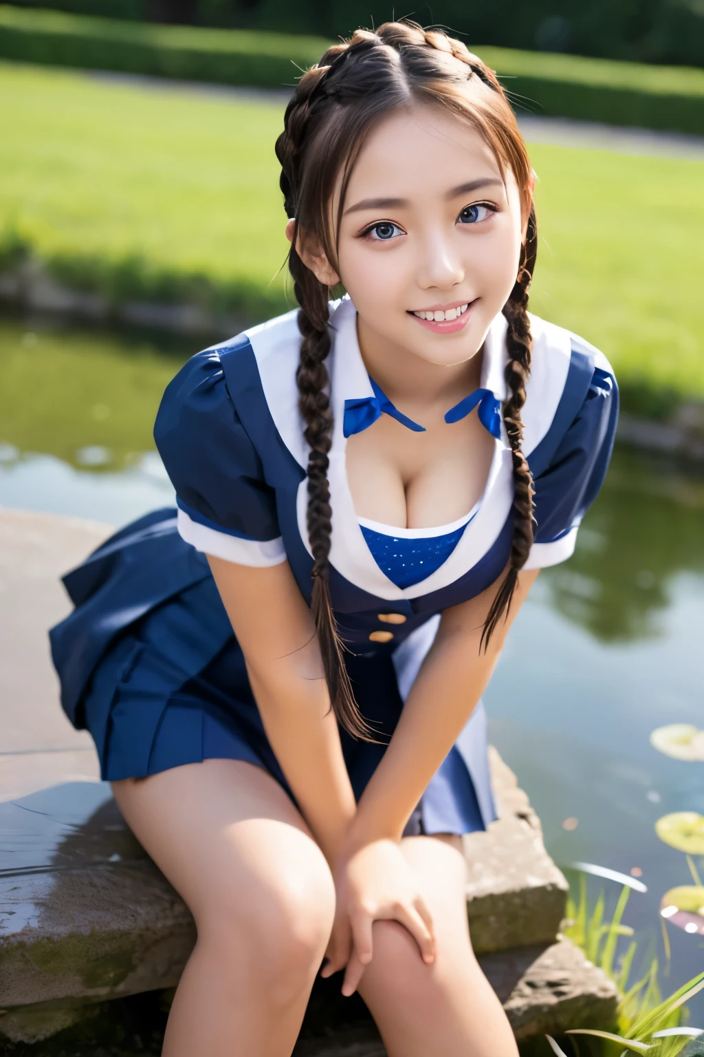 highest resolution, 4k, masterpiece, high school girl,uniform, 18-year-old, photo of a woman, ((Beautiful posture))、Big eyes, cleavage、thighs, realistic teeth, double eyelid, (full body),((Braided short tail)) highest quality, be familiar with, beauty, adorable, by the pond