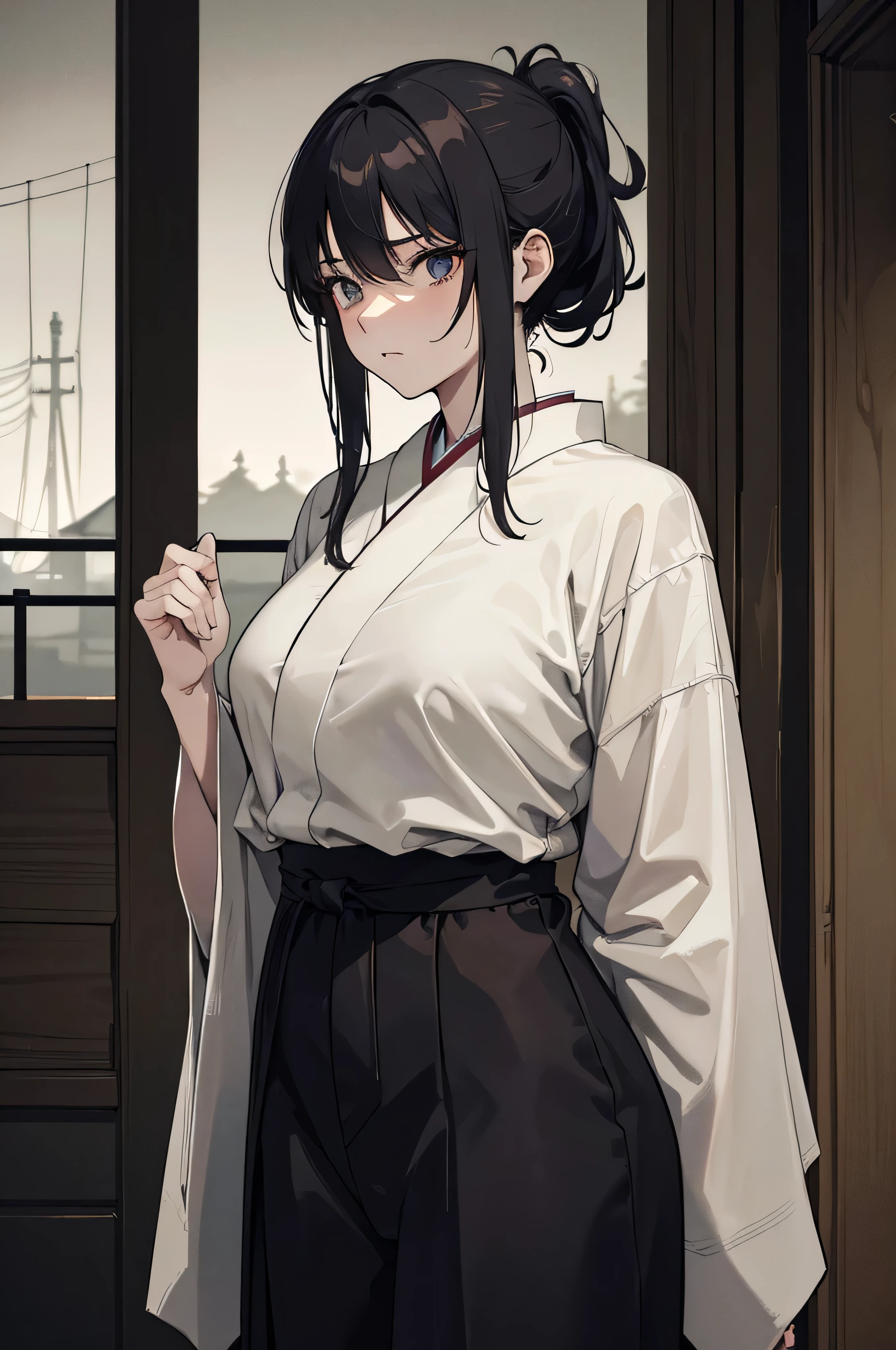 An eerie period Japan woman stands confidently in the foreground, with the grunge aesthetic enhancing her mysterious presence. Behind her, eerie moorlands create a haunting backdrop, adding to the thriller aesthetic. Her moody expression and confident demeanor exude an aura of arrogance. She wears a sarashi, emphasizing her nonchalant attitude, paired with baggy pants. Her hair is untamed, styled in a messy ponytail, further accentuating her carefree nature. The artwork, produced with the highest quality and attention to detail (best quality, 4k, highres:1.2), showcases ultra-detailed features, capturing the realism of the scene. The professional composition and vivid colors bring the painting to life, while the bokeh effect highlights the subject against the eerie moorlands. Lastly, studio lighting is used to enhance the overall atmosphere, casting intriguing shadows across the woman's face and adding depth to the artwork. Art style: Tashio period Japan Color palette: Grunge aesthetic Lighting: Moody aesthetic