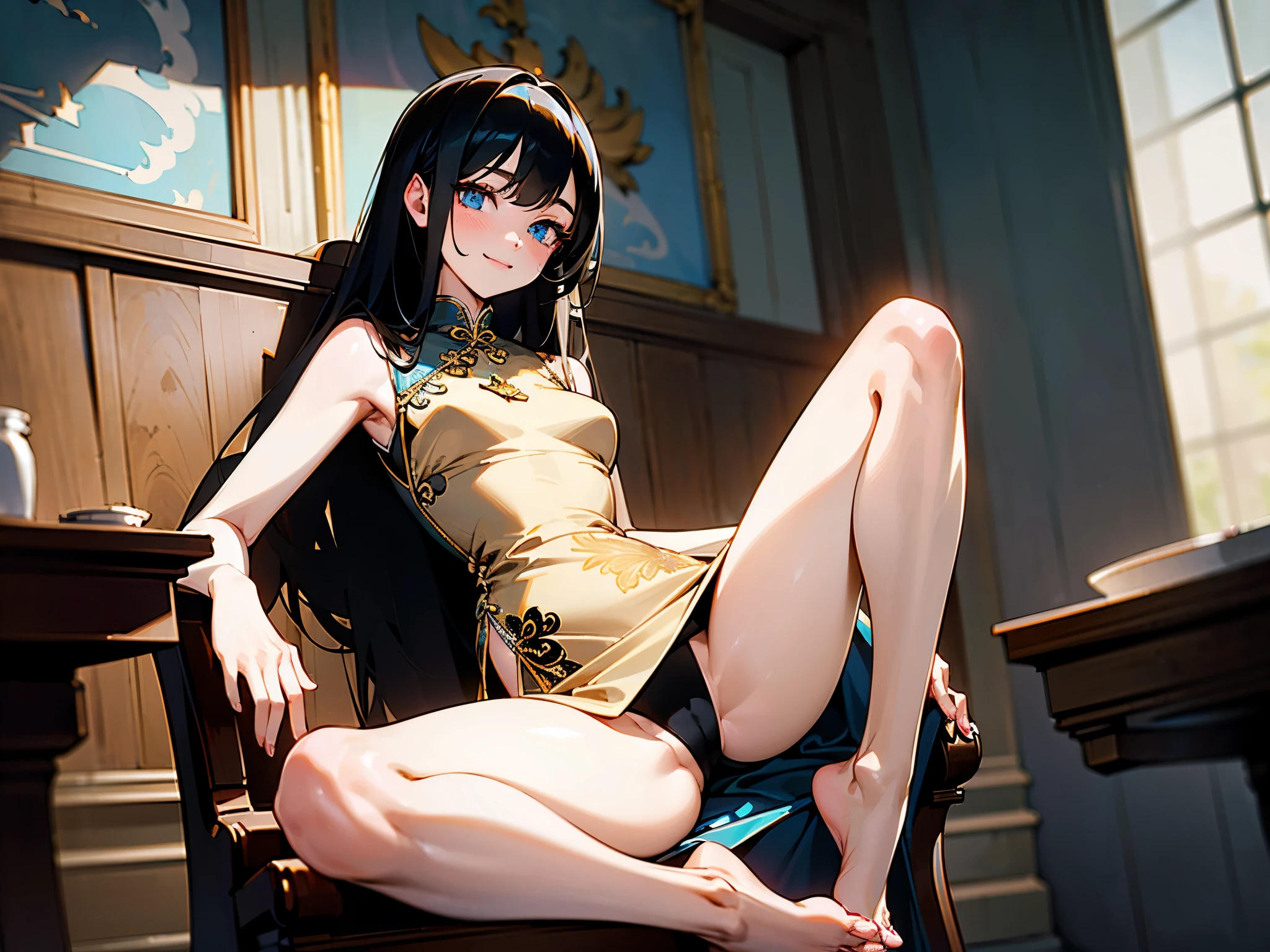(Realistic:1.3), (photoRealistic:1.2), (masterpiece:1.2), (highest quality), (Detailed skin:1.3), (Intricate details), One girl, 20-year-old, Detailed skin texture, (blush:0.6), Scattered beneath the surface, Pale Light, smile, Black Hair, Straight Hair, Shoulder-length hair, Calm hair, bangs, Hair between the eyes, Hair volume is low, Sparkling blue eyes, Lens Eye, Light reflection in the eyes, Symmetrical eyes, Eyelashes, Slim legs, Two arms, Two joints in the fingers, barefoot, Depict the whole body, Wearing Black Chinese dress, Slit is only one side , one side slit, Sleeveless, ((Black Chinese dress)), Floral prints on the dress, (Inside the room), Chair, ((whitish beige panty)), narrow panty, see-throughoanty, View from below, ((Open her legs very wide)), Fingers in her vagina
