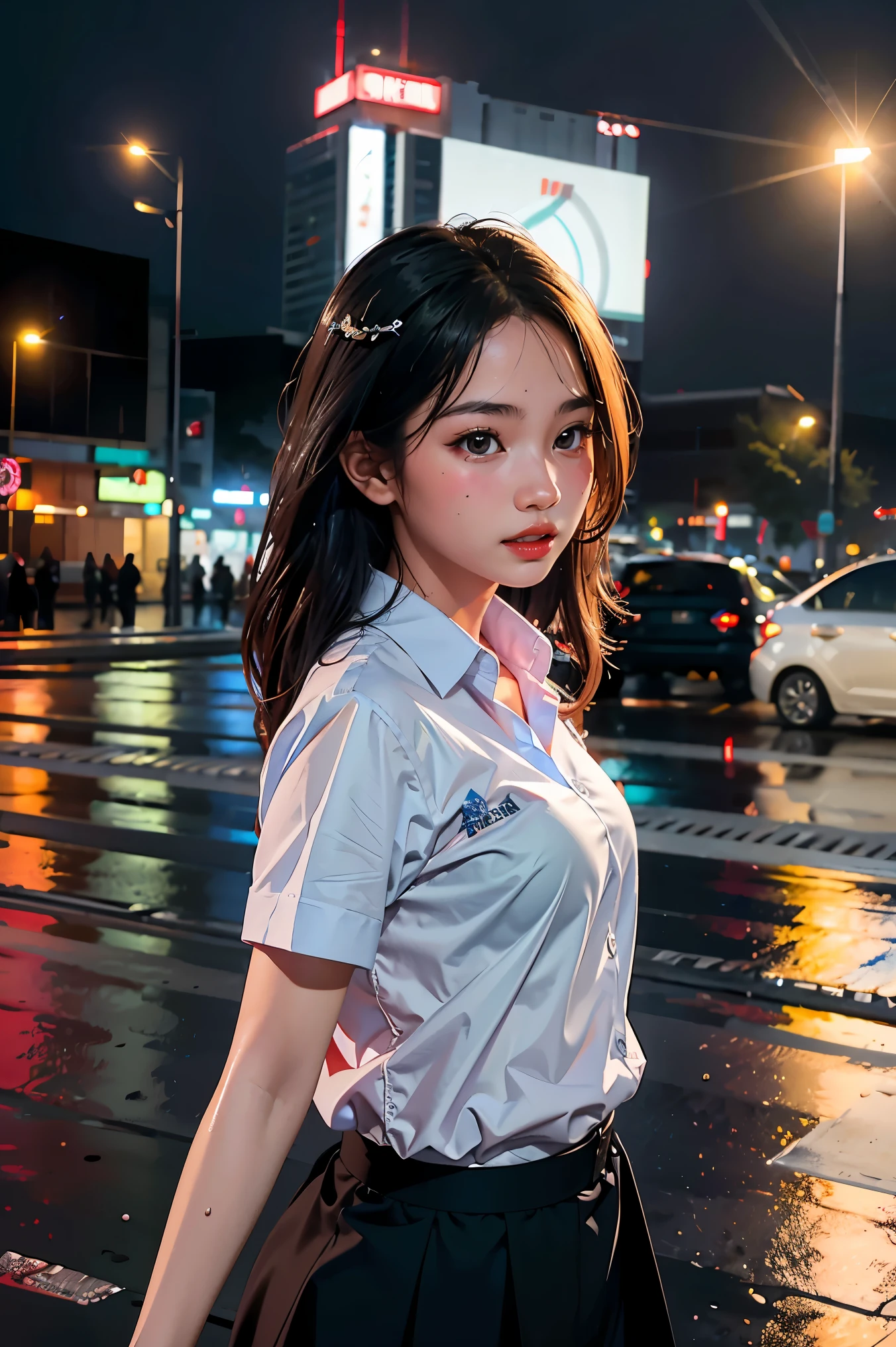 (8k, RAW photo, best quality, masterpiece:1.2), (realistic, photo-realistic:1.37), omertosa, 1girl, (Kpop idol), (aegyo sal:1), cute, cityscape, rain, wet, professional lighting, photon mapping, radiosity, physically-based rendering,,