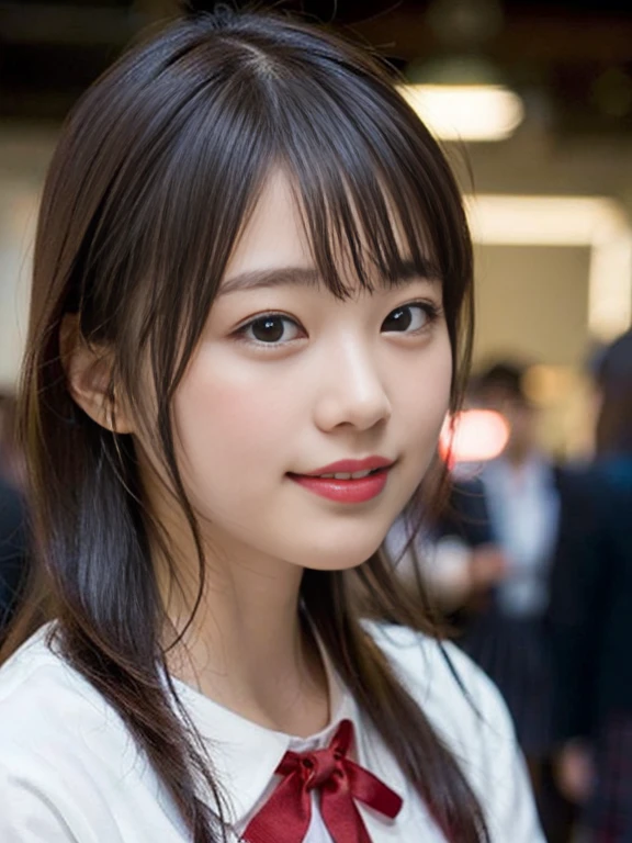 (8k、raw photography、Highest quality、Masterpiece:1.2)、(realistically、Virtual image:1.37)、Very fine、Ultra high resolution、(1 woman:1.ee people watching、Beautifully detailed face、smile、contraction、(Thin waist) :1.3)、Beautiful, detailed skin、skin texture、have dark hair、professional lighting、whole human body、Long Hair、Japanese height 、High school girl、(School uniform with white shirt and red ribbon)、plaid skirt set、bob、university、happy smile、No makeup、(Hyper Beautiful Face:1.5)、Sen years old、(Nolip、thin pink lips)、