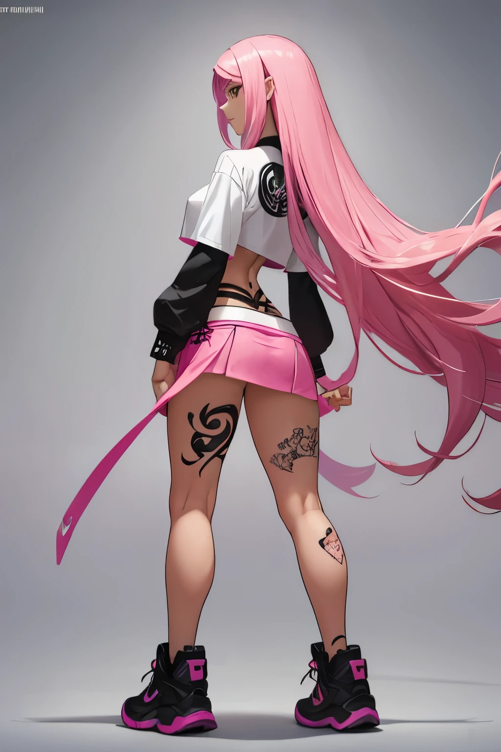 a young woman with long pink hair, with a tattooed body, wearing a miniskirt with a white crop top, from the back subtly showing her ass full body image