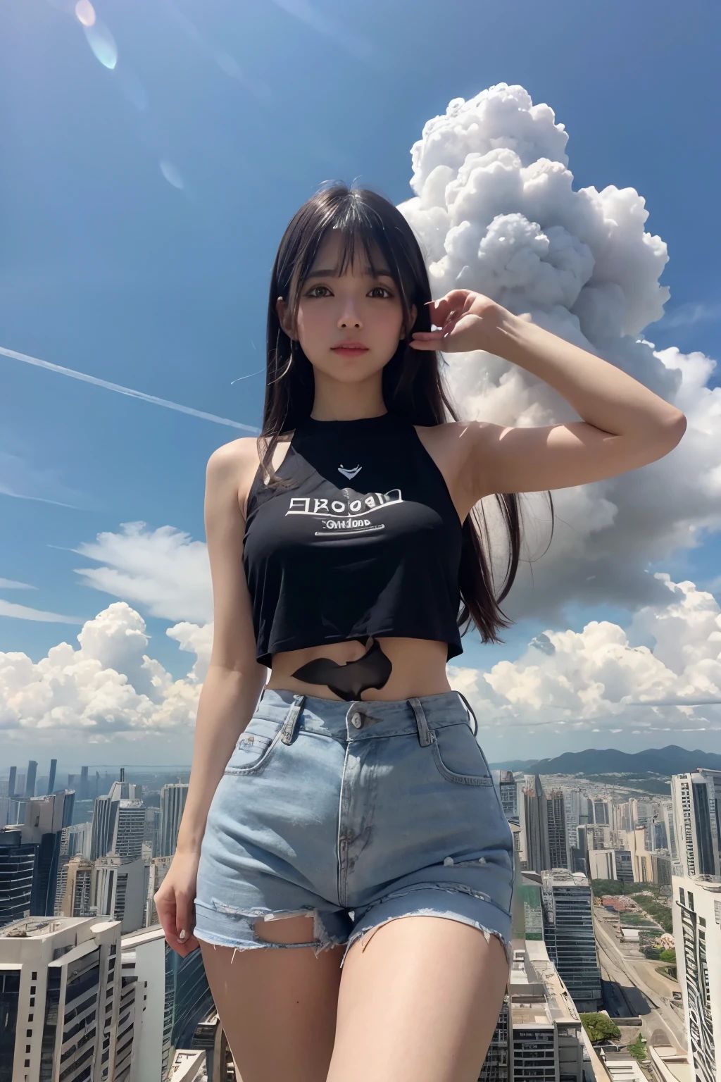 Giantess usando camisola branca, mini saia plissada, GTS cidade, City buildings, smoke billowing, nuvem, Evil, realistic lighting, salto em altura, de baixo, aves voando,