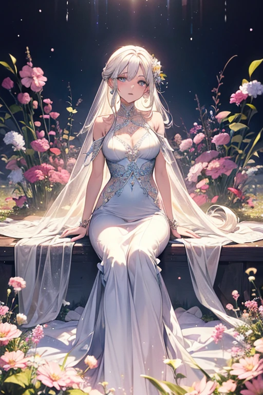 Woman in see-through white dress sitting in flower field, Ethereal and dreamy, Ethereal beauty, a stunning young Ethereal figure, dreamy and Ethereal, white hime cut hairstyle, Ethereal!!!!!!!, Ethereal fairytale, Beautiful maiden, pale snow-white skin, Ethereal!!!, by Torii Kiyomoto, fairycore, very Ethereal, extremely beautiful and Ethereal、there is a bouquet of Flowers that is sitting on a chair, colourfull Flowers bouquet, bouquets, ❤🔥🍄🌪, bouquet, colorful Flowers, Bright and soft colors, colorful pastel, Bright pastel colors, Bright pastel colors, in pastel colors, colourfull pastel, beautiful Flowers, beautiful colourfull, Flowers!!!!, colourfull, In beautiful colors, 🌸 🌼 💮、Woman in blue dress standing on wall, translucent  dress, transparent gray dress, sexy gown, with a thin waist, long gown, long-one-piece dress female, Full length view, fantasy dress, low cut dress, opened dress, wearing long gown, see through dress, fantasy long intricate gown, long-one-piece dress, gown, wearing an evening gown, femme, gorgeous woman