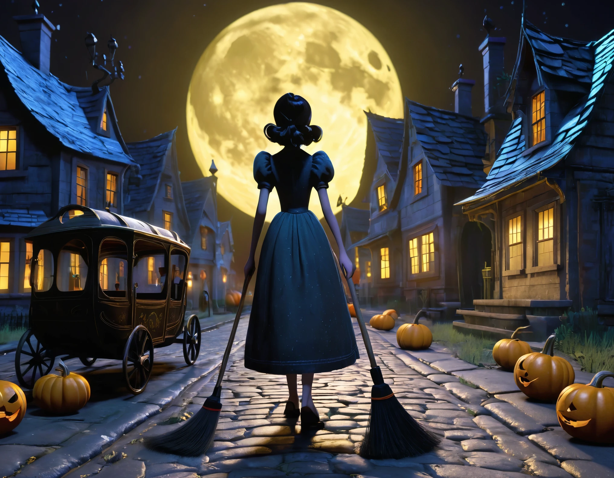 Black and gold, closeup, A girl in an old shabby dress cleaning the street with a broom, pumpkin carriages in the background, night background in blue moonlight, horror 3D animation style, The scene has the style of a Pixar cartoon character, with 3D modeling, octane rendering for cinematic lighting effects, and an ultra detailed and colorful style conveying a gloomy, scary mood like a horror illustration, Tim Burton, High-resolution output, Large model architecture, Fine-tuning parameters, High-quality source data, Post-generation image processing，Xill