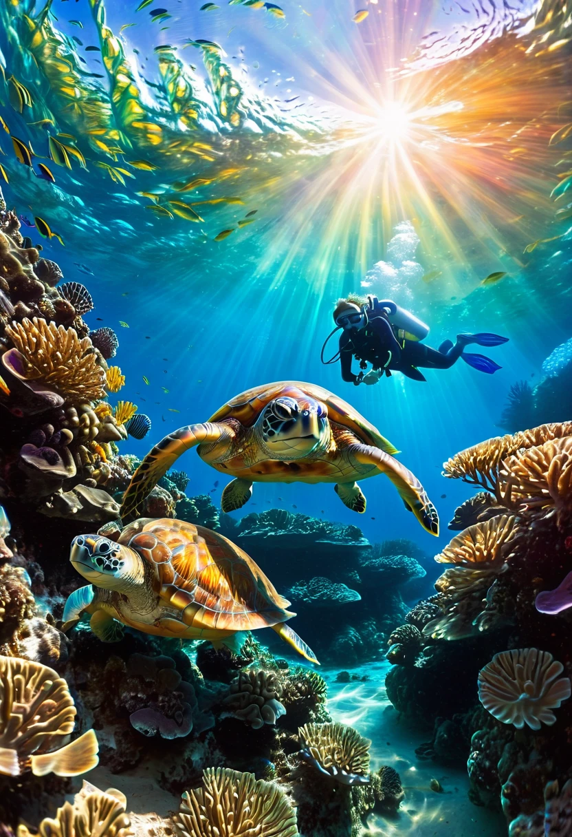 (A diver swims towards a large sea turtle:1.2), lush marine flora, fish, corals, anemones, colourful diversity, turquoise water, sunlight shines brightly on the scenario, God's rays refract on the surface of the water, calm mystical sublime atmosphere, 