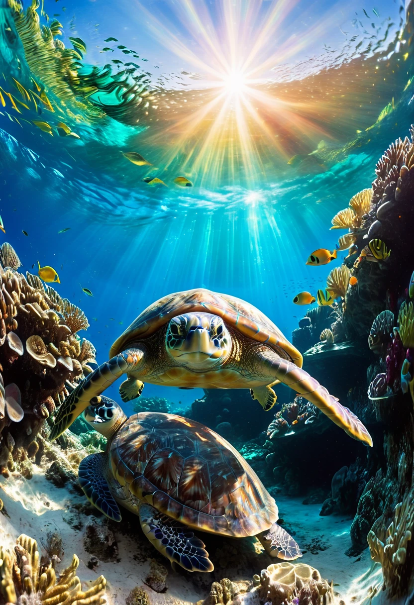 (A diver swims towards a large sea turtle:1.2), lush marine flora, fish, corals, anemones, colourful diversity, turquoise water, sunlight shines brightly on the scenario, God's rays refract on the surface of the water, calm mystical sublime atmosphere,