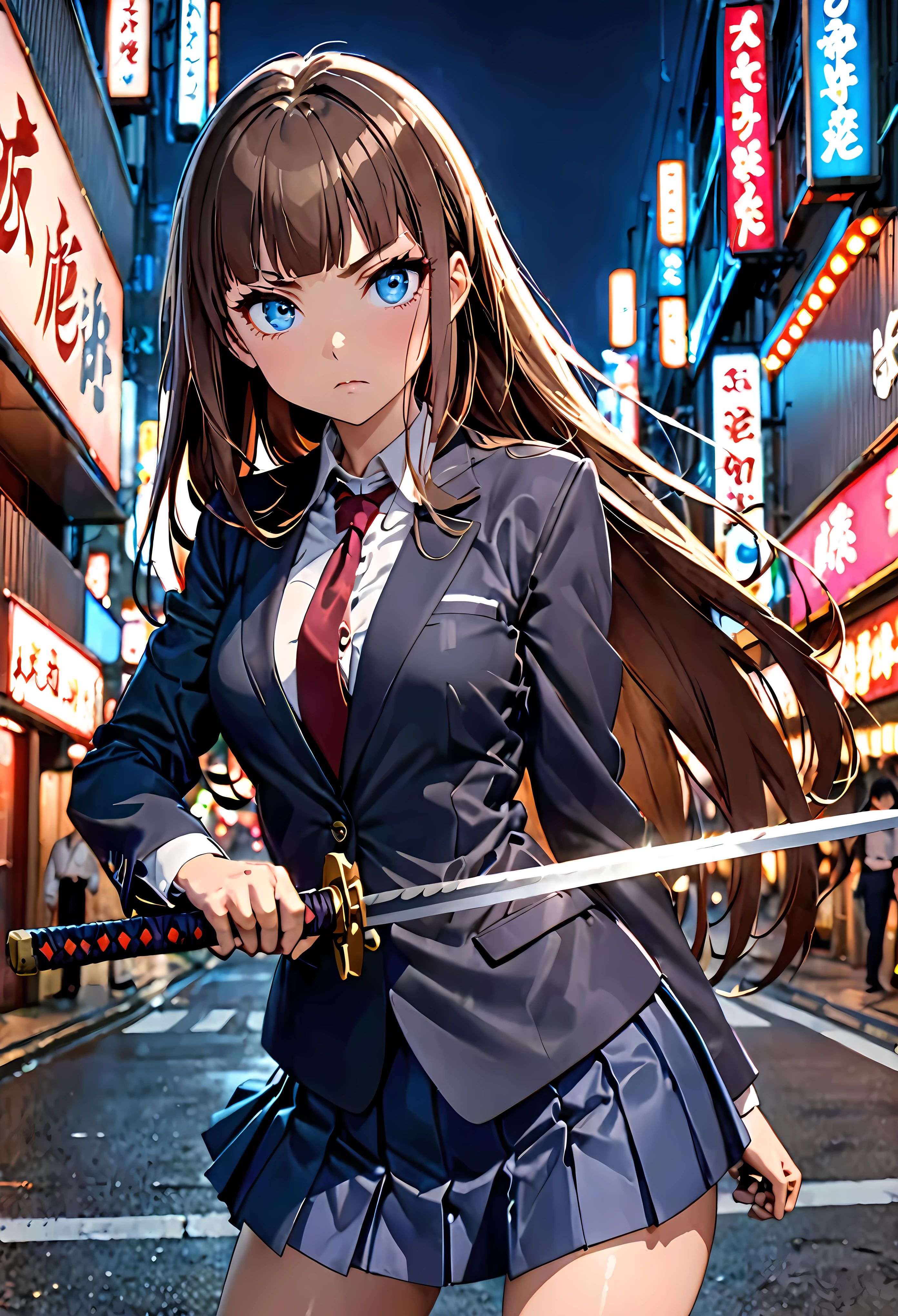 Action Scenes、Dynamic composition、(high quality anime, 8k,masterpiece,Perfect Anatomy),cowboy shot,1 female,(beautiful detailed face and eyes,big gorgeous eye),blue eyes,Serious expression、The perfect 20 years old, Japanese、Female Swordsman、Brown Hair、Straight hair,long hair,blunt bangs,medium breasts,small face:1.5,slender body,skinny,、Dark blue blazer jacket、white formal shirt、Red tie、Navy blue pleated mini skirt、Holding a Japanese sword in his right hand、Gripping the hilt of the sword、Fight with a sword、Action pose、on street,Shibuya、Tokyo、Outdoor、at night、Neon lights、