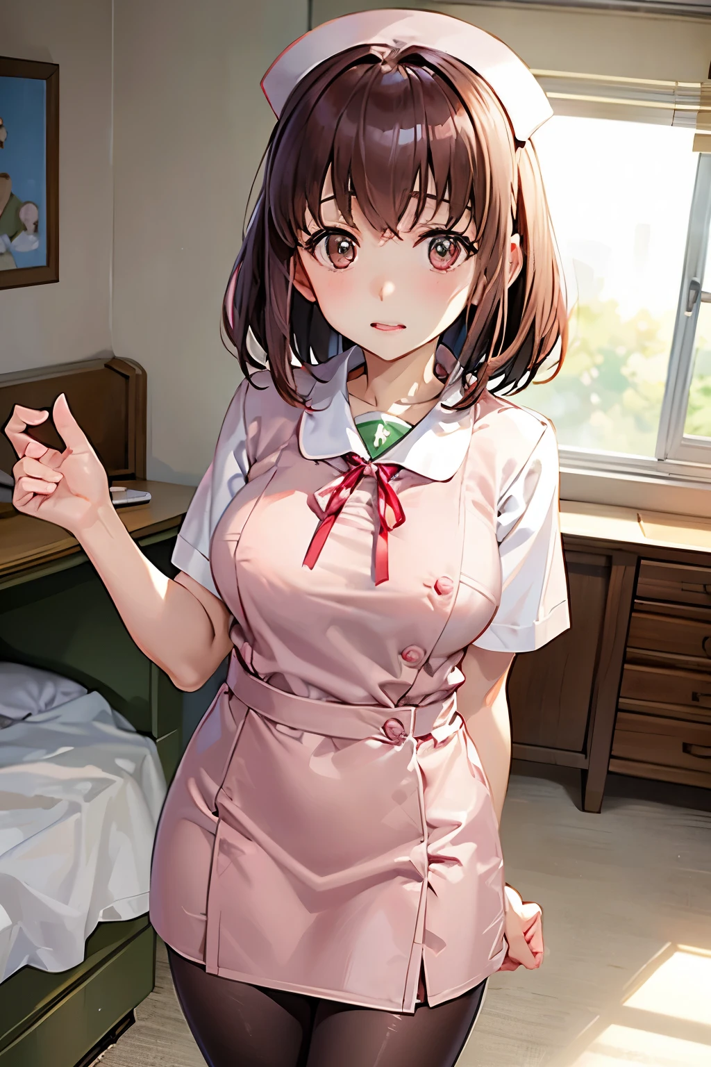 Taeko Kondo、Girls&Panzer、Brown Hair、Short Hair、((pantyhose))、Photo from below、Medium chest、Bedroom、(Nurse uniform)、Red ribbon、mini skirt