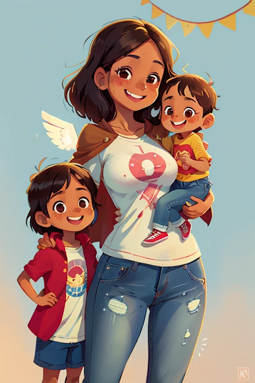 40 year old woman, no tan sexy, morena, con jeans, cuerpo entero que se vean sus piernas, que se vean sus pies, cuerpo completo, sonriente, llena de vida, charismatic, with a superhero cape, cara iluminada muy sonriente, with his little smiling daughter, fondo blanco.
