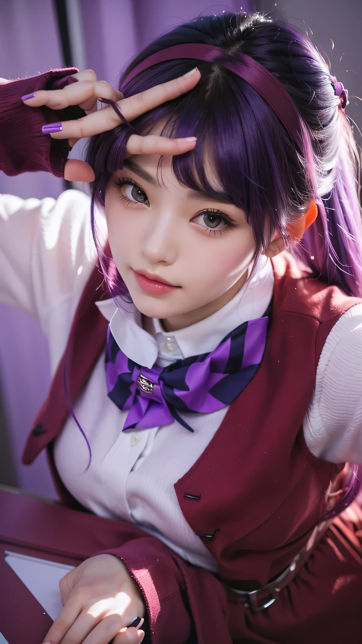 Beautiful girl with purple hair and purple collared shirt posing for a picture,